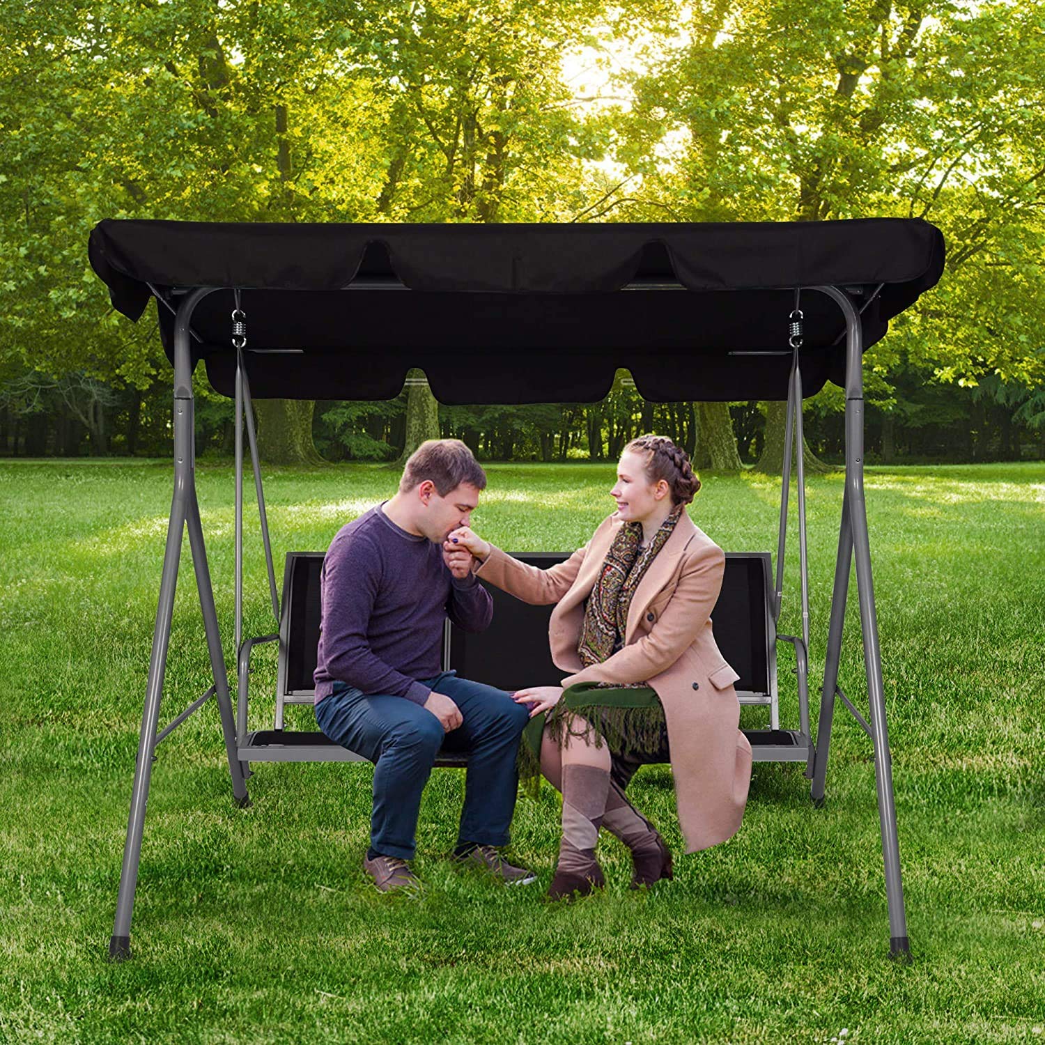 3-Person Outdoor Swing Chair with Adjustable Canopy - Heavy Duty Hammock Seats for Patio, Porch, Garden - Perfect for Relaxing, Lounging & Backyard Decor (Black)