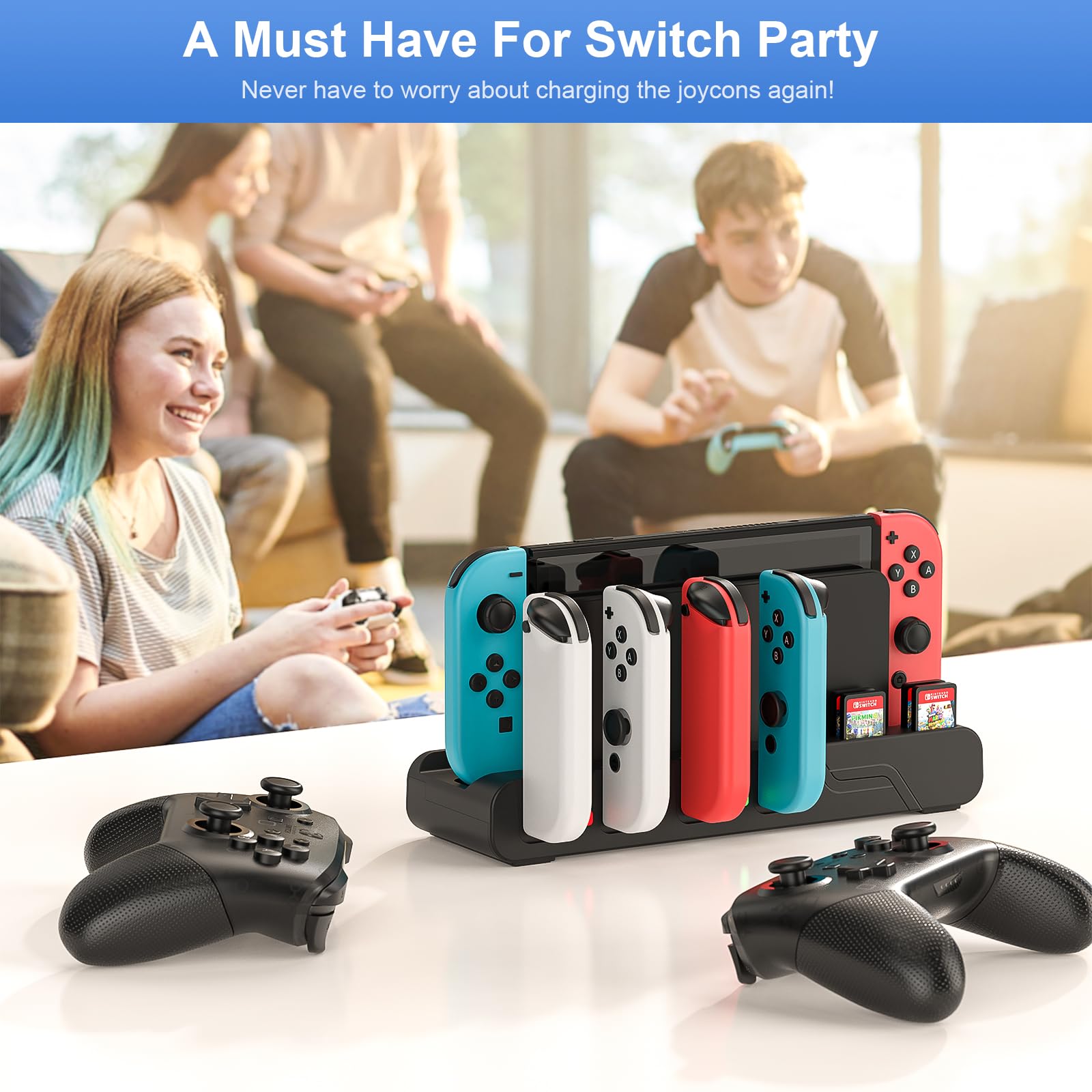 MLIFEMFUL Switch Joycon Charging Dock - 6-Port Fast Charger for Nintendo Switch & OLED Model Joycons with Game Card Storage | Perfect for Gaming Parties, Travel & Multiplayer Sessions
