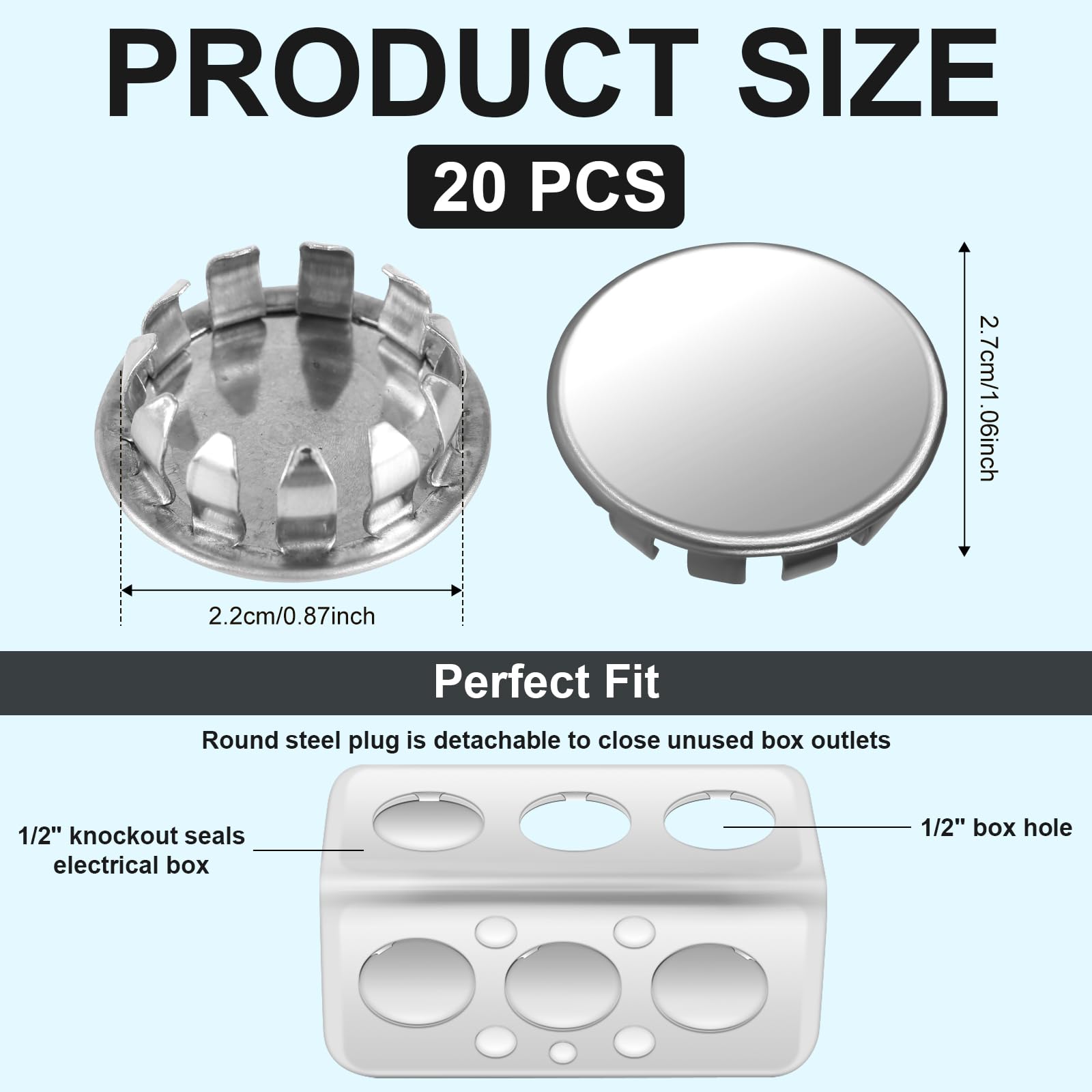 20pcs Stainless Steel Electrical Box Knockout Plugs - 1/2in Round Removable Panel Plugs for Conduit Pipe Closure | Seal Unused Electric Box Outlets | Ideal for Home Wiring, Electrical Repairs & DIY Projects