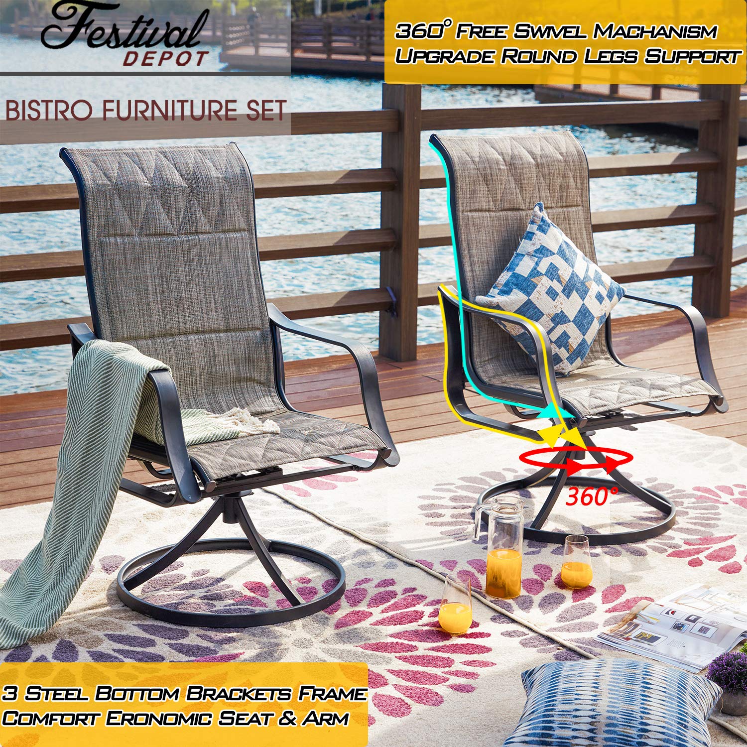360° Swivel Outdoor Patio Dining Set - 3-Piece Bistro Chairs with Armrests & Square Metal Coffee Table - Steel Frame Rocking Furniture for Deck, Garden, Poolside - Perfect for Relaxing, Entertaining & Outdoor Gatherings (Gray)
