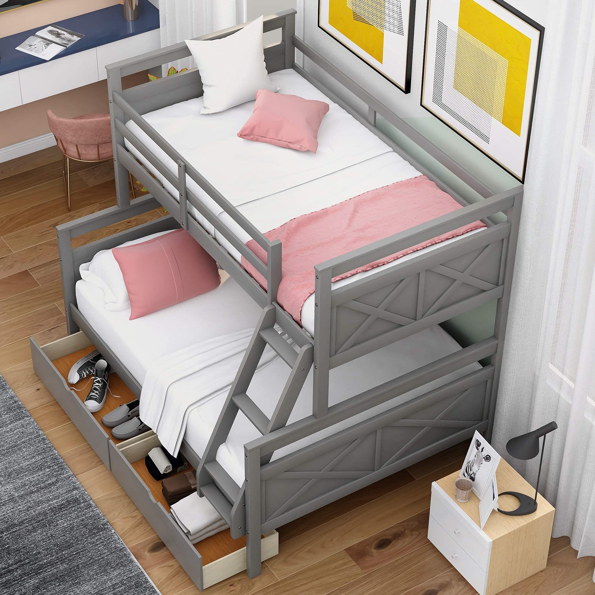SOFTSEA Twin Over Full Bunk Beds with Storage Drawers & High Safety Guardrails - Space-Saving Kids Bedroom Furniture, No Box Spring Required (Gray) - Perfect for Small Rooms, Shared Kids' Bedrooms & Sleepovers