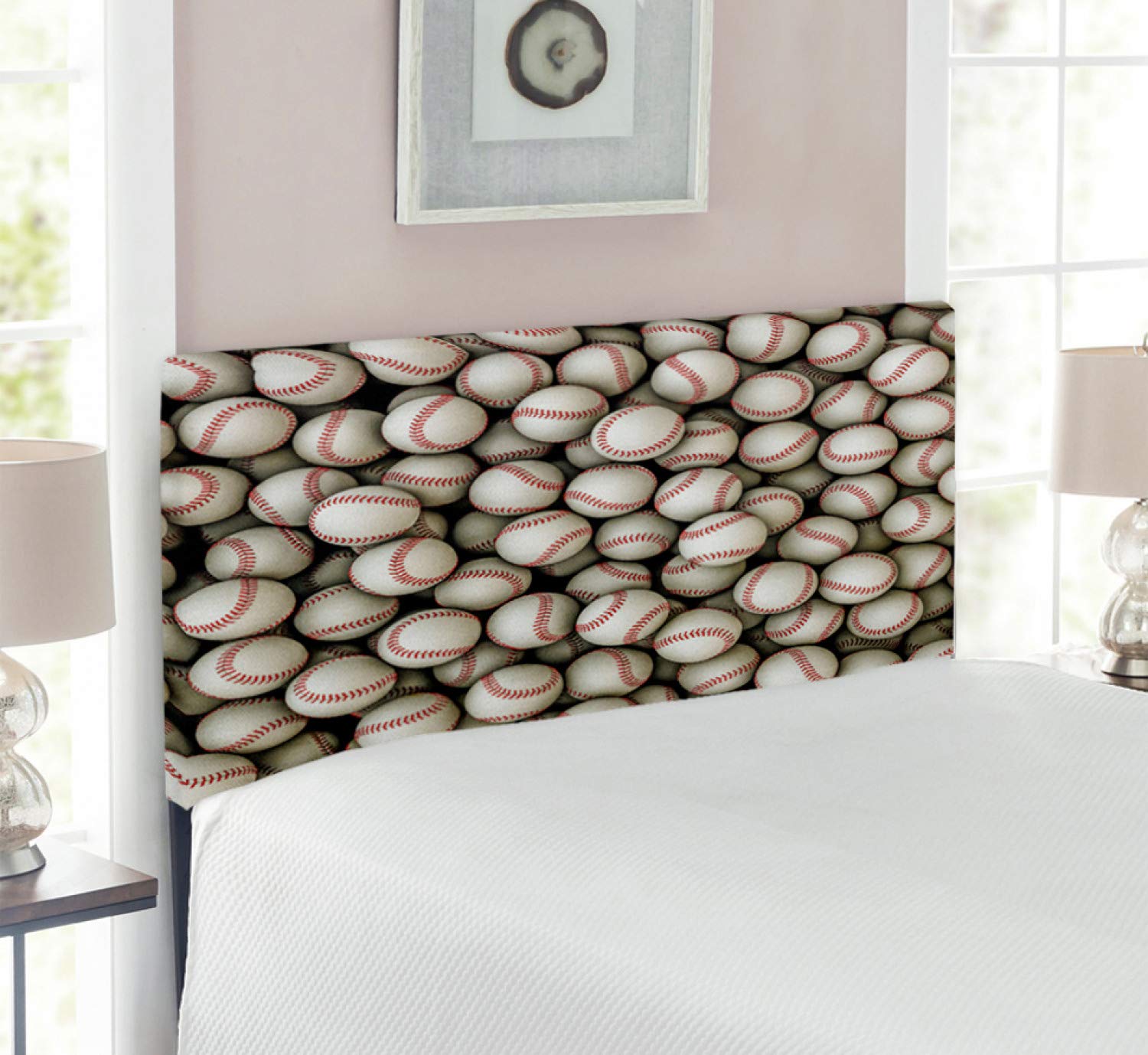 Ambesonne Softball Sports Headboard - Realistic Softball Pile Design, Upholstered Decorative Metal Bed Headboard with Memory Foam, Twin Size in Beige & Red | Perfect for Baseball Fans, Sports Themed Bedrooms & Game Room Decor