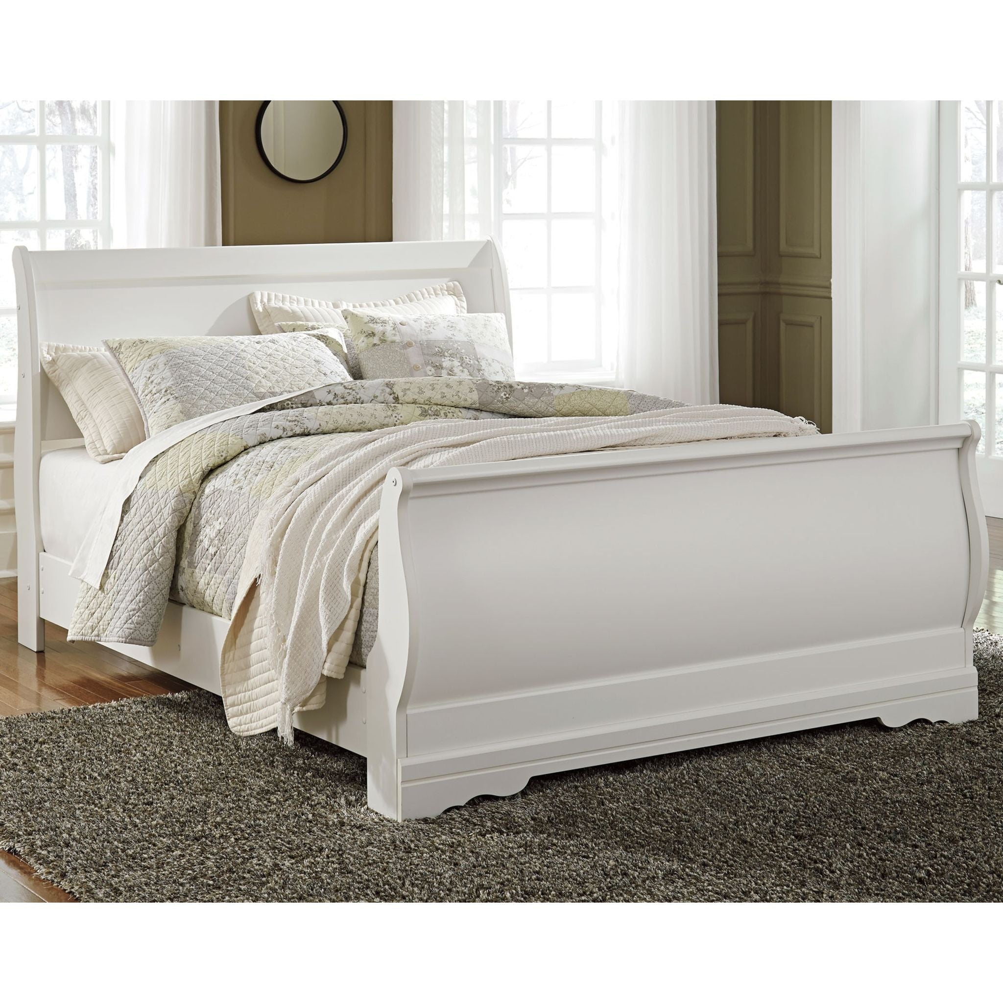 Anarasia Queen Sleigh Bed Frame - White Wooden Headboard & Footboard - Elegant Bedroom Furniture for Master Bedroom Decor