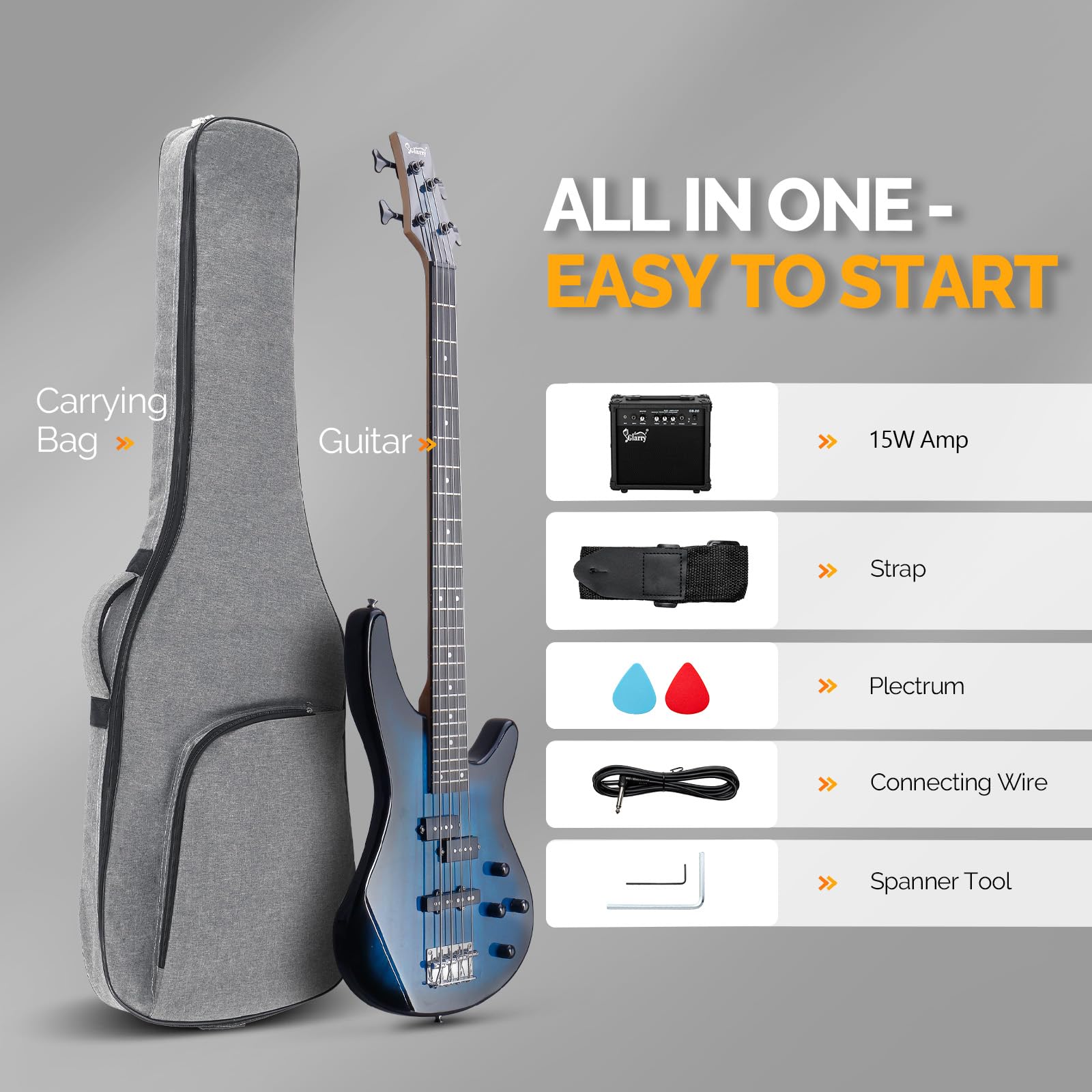 GLARRY 4-String Electric Bass Guitar Beginner Kit - Full Size Solid Body Bass with 20W Amp, Gig Bag & Accessories (Dark Blue) - Perfect for Beginners, Practice & Live Performances