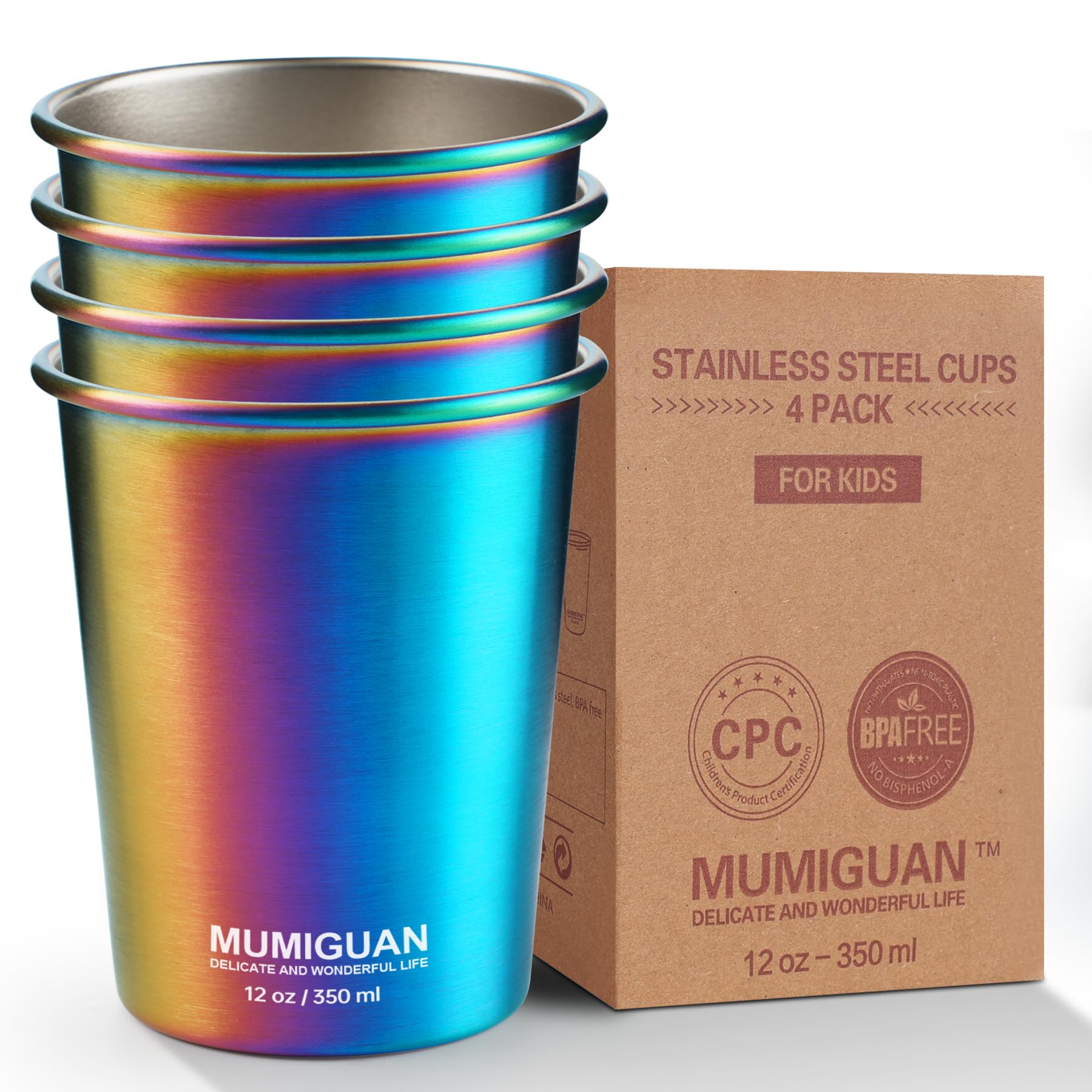 12oz Stainless Steel Kids Cups (4 Pack) - Rainbow Electroplated, BPA-Free, Stackable Metal Drinking Glasses for Toddlers - Perfect for Camping, Travel, and Everyday Use