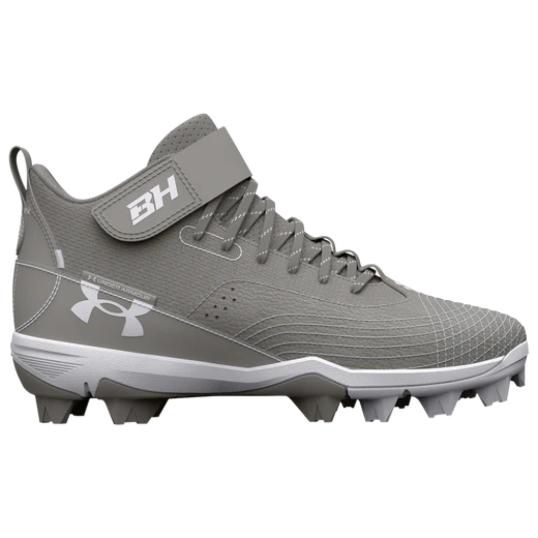 UnderArmour Boys' UA Harper 7 Mid RM Jr. Baseball Cleats - Grey (3025598-101) | Lightweight & Durable for Youth Baseball Games & Practices