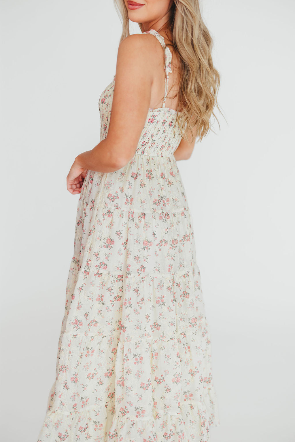 Ryan Ruffle Midi Dress with Embroidered Floral Detail - Cream & Pink Summer Dress for Women | Perfect for Weddings, Garden Parties & Date Nights