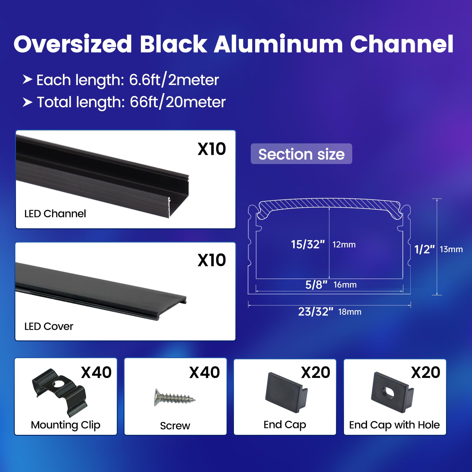 Muzata 10-Pack 6.6FT/2M Black LED Strip Channel with Frosted Diffuser Cover - Aluminum Track for LED Light Strips - Perfect for Home, Kitchen, Cabinet, and Commercial Lighting