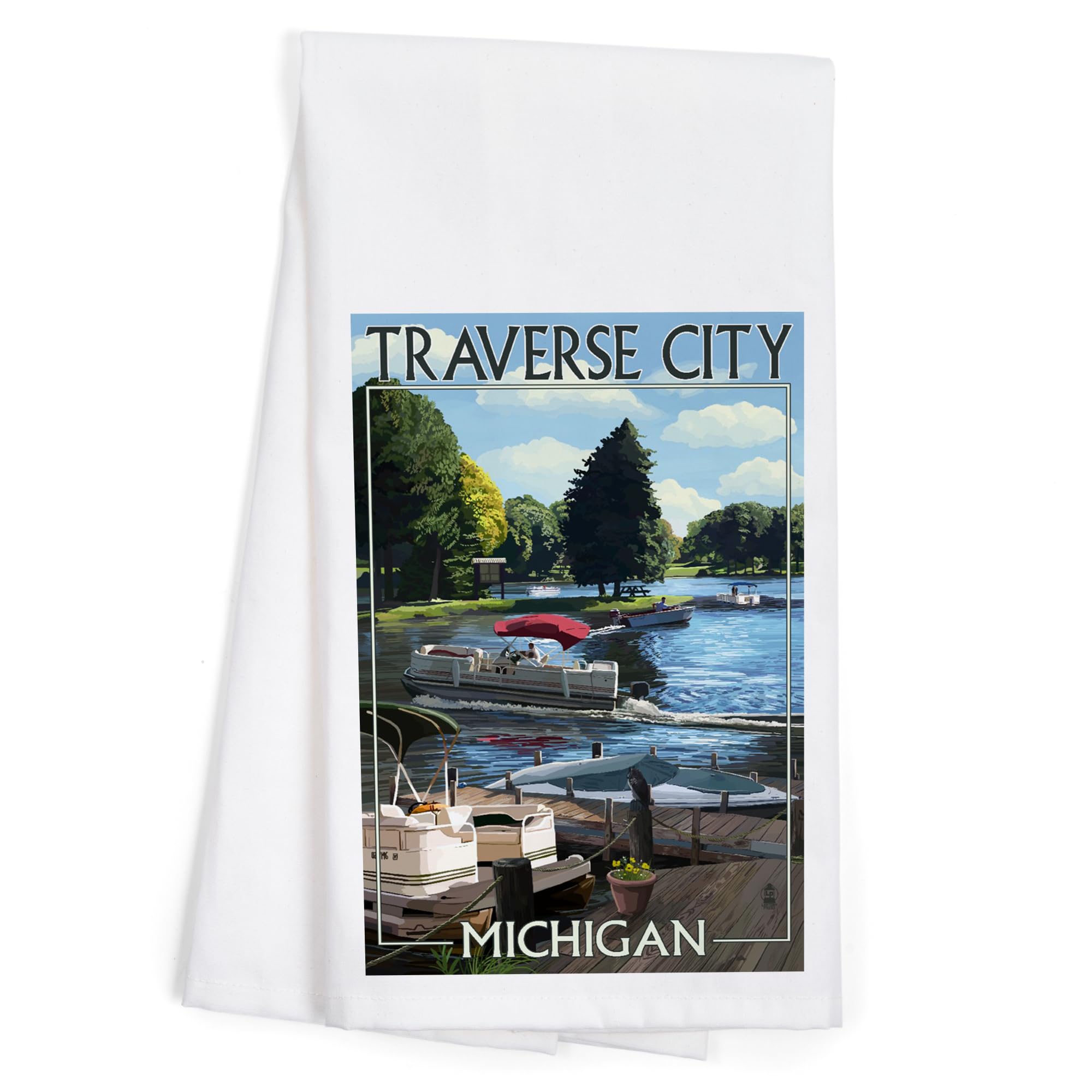 Lantern Press Traverse City Michigan Pontoon Boats 100% Cotton Tea Towel - Decorative Hand Towel for Kitchen, Home Decor & Gifts | Perfect for Dish Drying, Wall Art & Cottage Decor