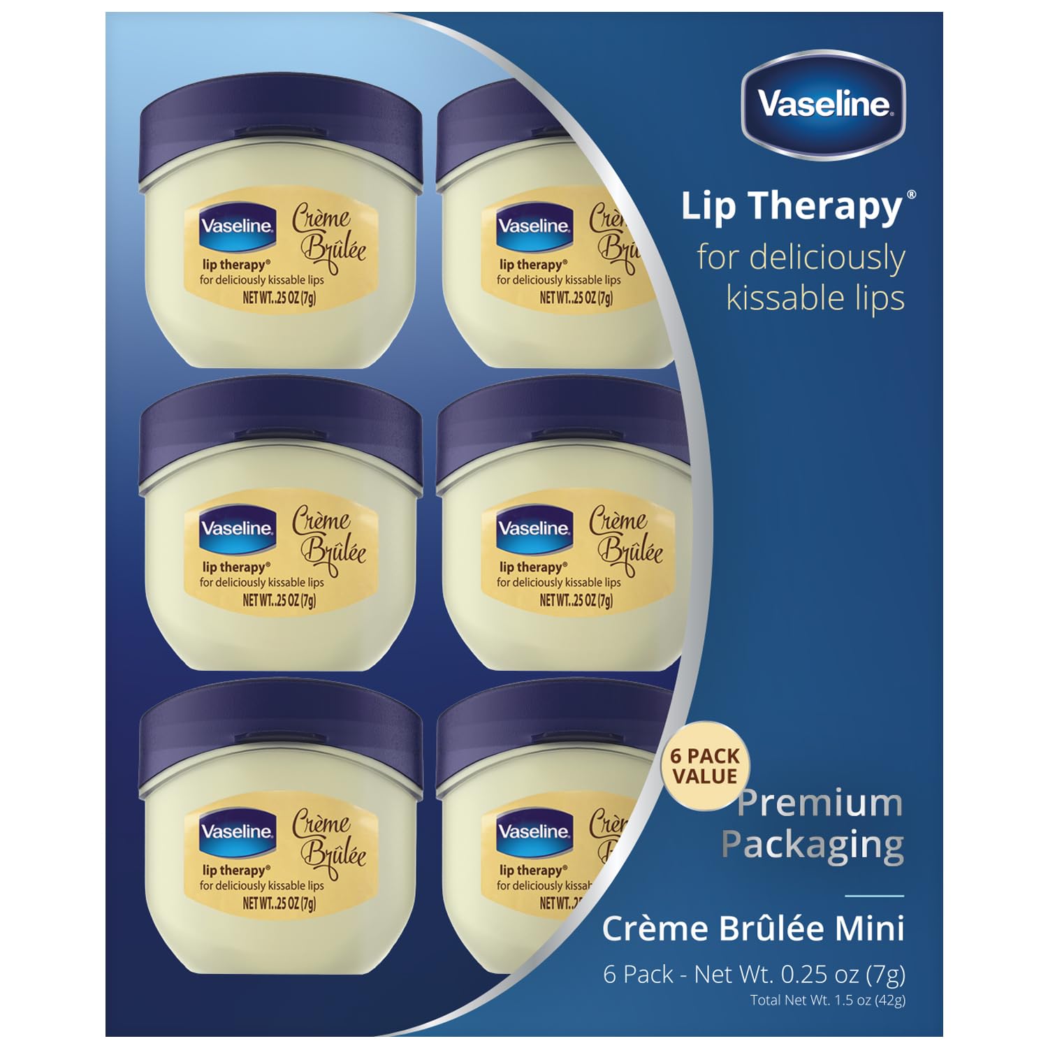 Vaseline Lip Therapy Crème Brûlée 6-Pack – Mini Lip Balm Set for Soft, Moisturized & Kissable Lips, 0.25 Oz Each | Perfect for Daily Hydration, Winter Care & On-The-Go Use