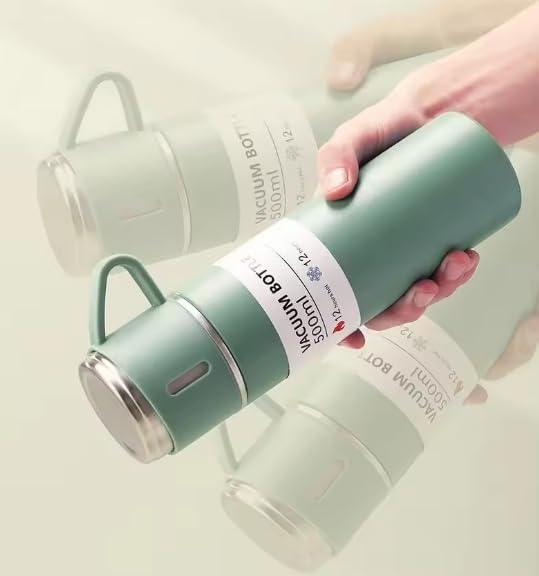 EOS Vacuum Insulated Stainless Steel Water Bottle with 3 Cups - 8 Hours Hot & 12 Hours Cold - Leak Proof & BPA Free - Perfect for Hiking, Camping, Gym & Outdoor Activities (Green)