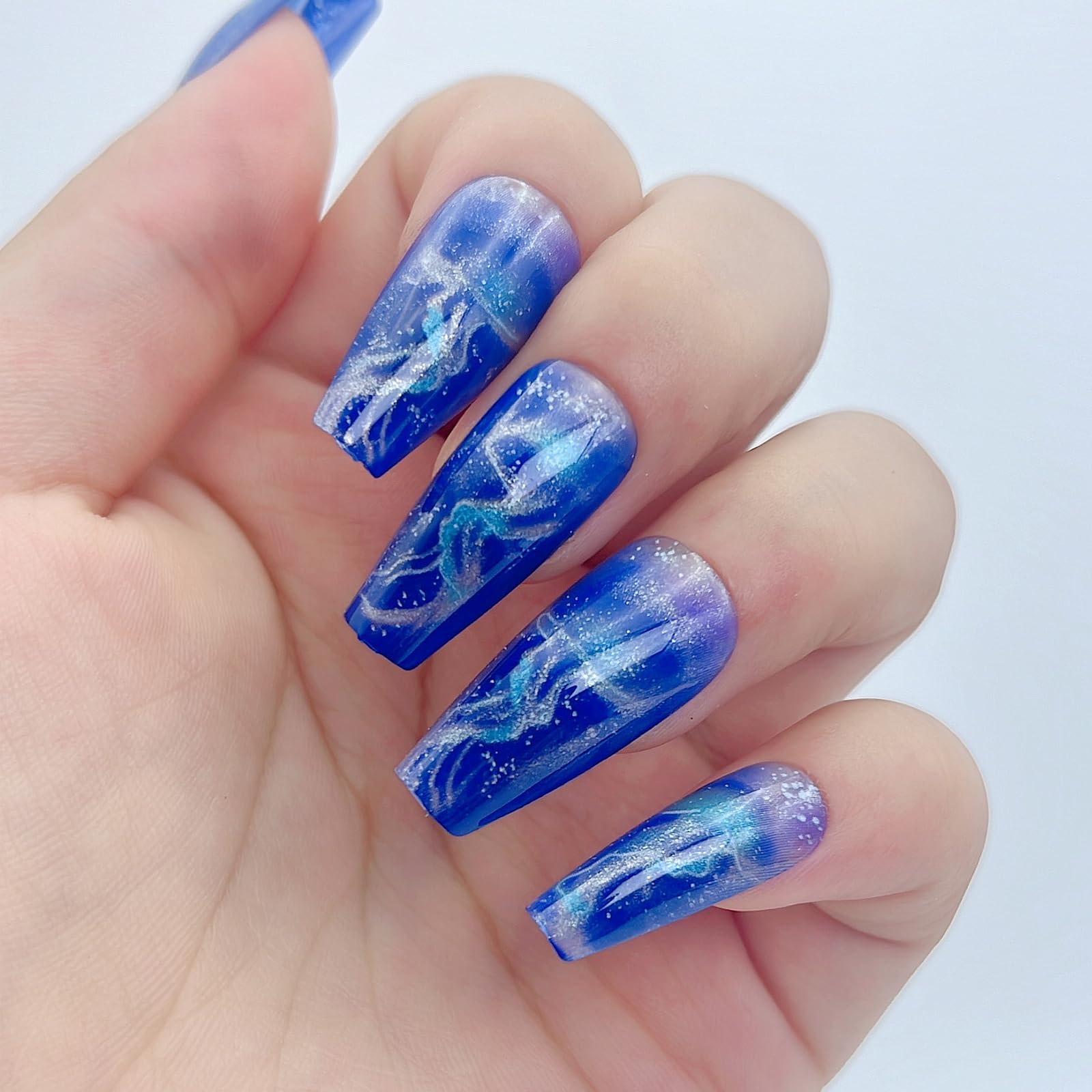 Glow in The Dark Press On Nails - Medium Length Blue Jellyfish Design Gel Fake Nails with 12 Sizes (24 Pcs) | Perfect for Parties, Halloween, Raves & Night Events