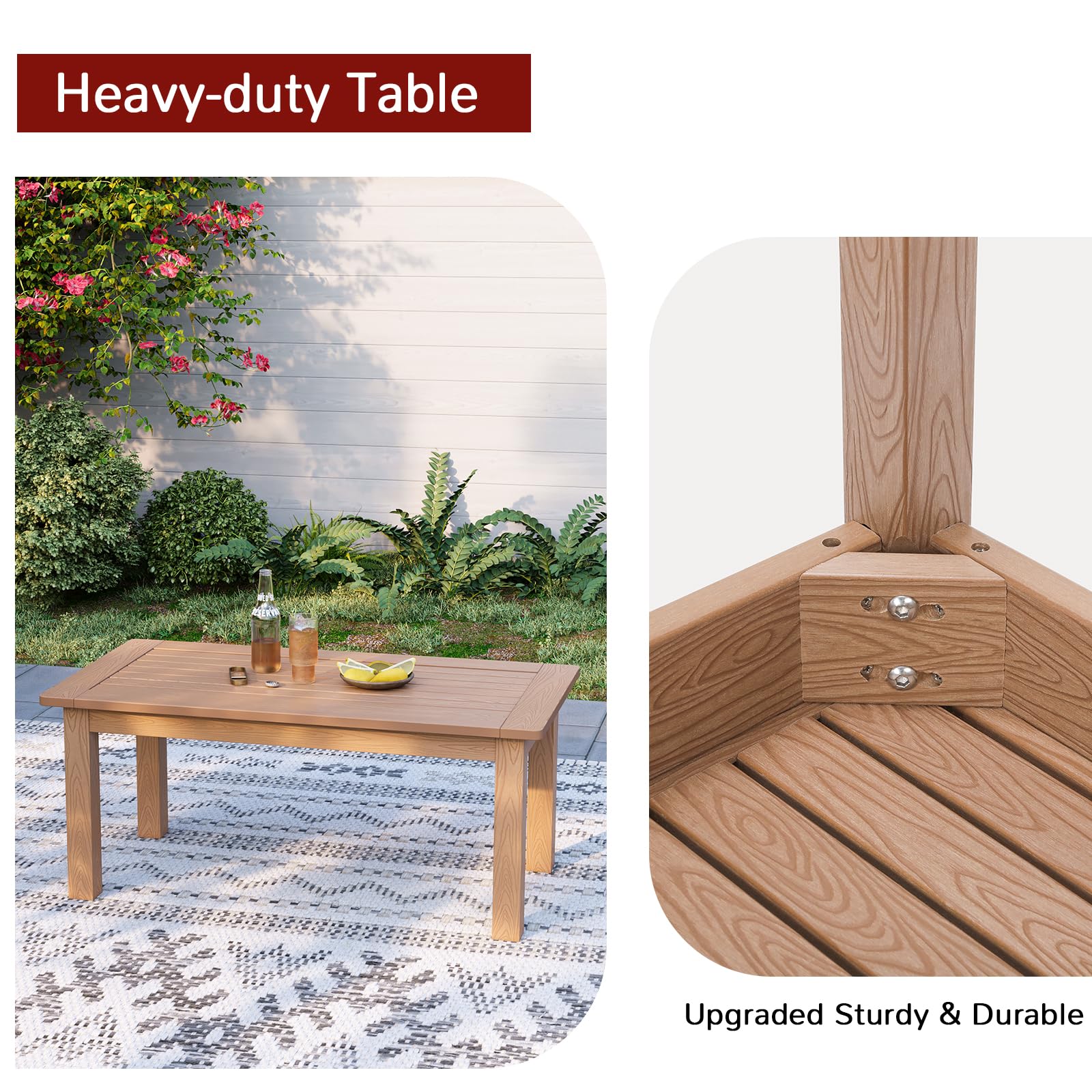 All-Weather Outdoor Coffee Table - Modern Rectangle Teak Patio End Table for Backyard, Porch, Garden, Pool & Deck | Durable HIPS Material | Perfect for Outdoor Entertaining & Relaxation