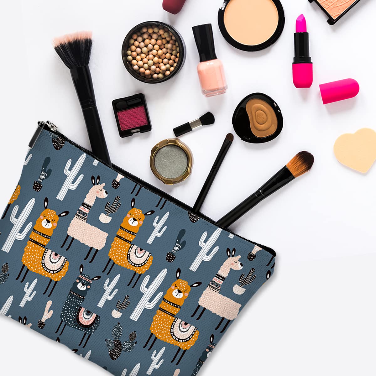 Waterproof Canvas Makeup Bag for Women - Cute Funny Cosmetic Pouch with Zipper, Travel Toiletry Organizer (Alpaca Design, Grey) - Perfect for Purse, Gym & Vacation Essentials