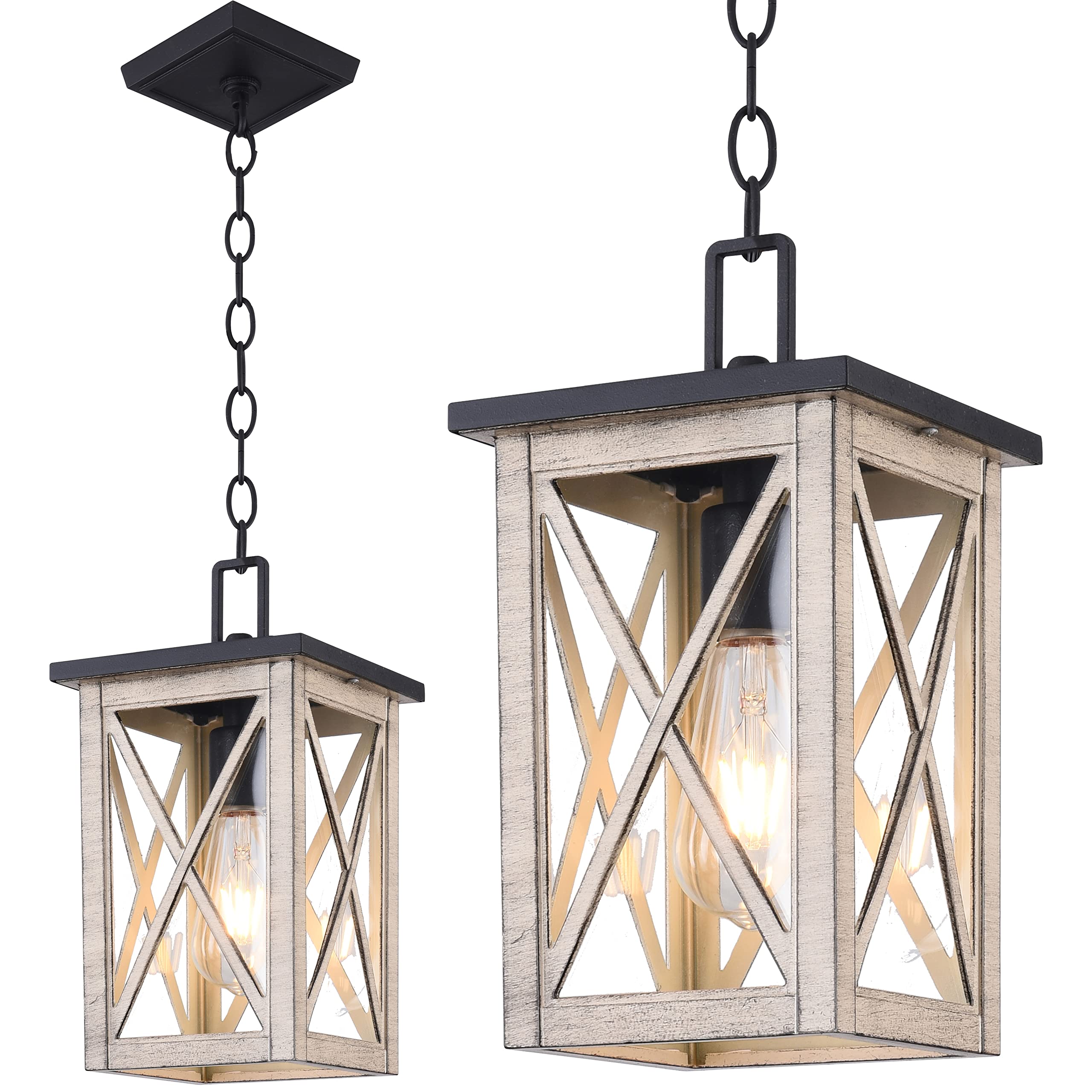 Outdoor Pendant Light - Waterproof Hanging Lantern with Wood Grain & Glass Shade - 1-Light Exterior Fixture for Porch, Patio, Entryway - Perfect for Garden, Deck, and Outdoor Dining Areas
