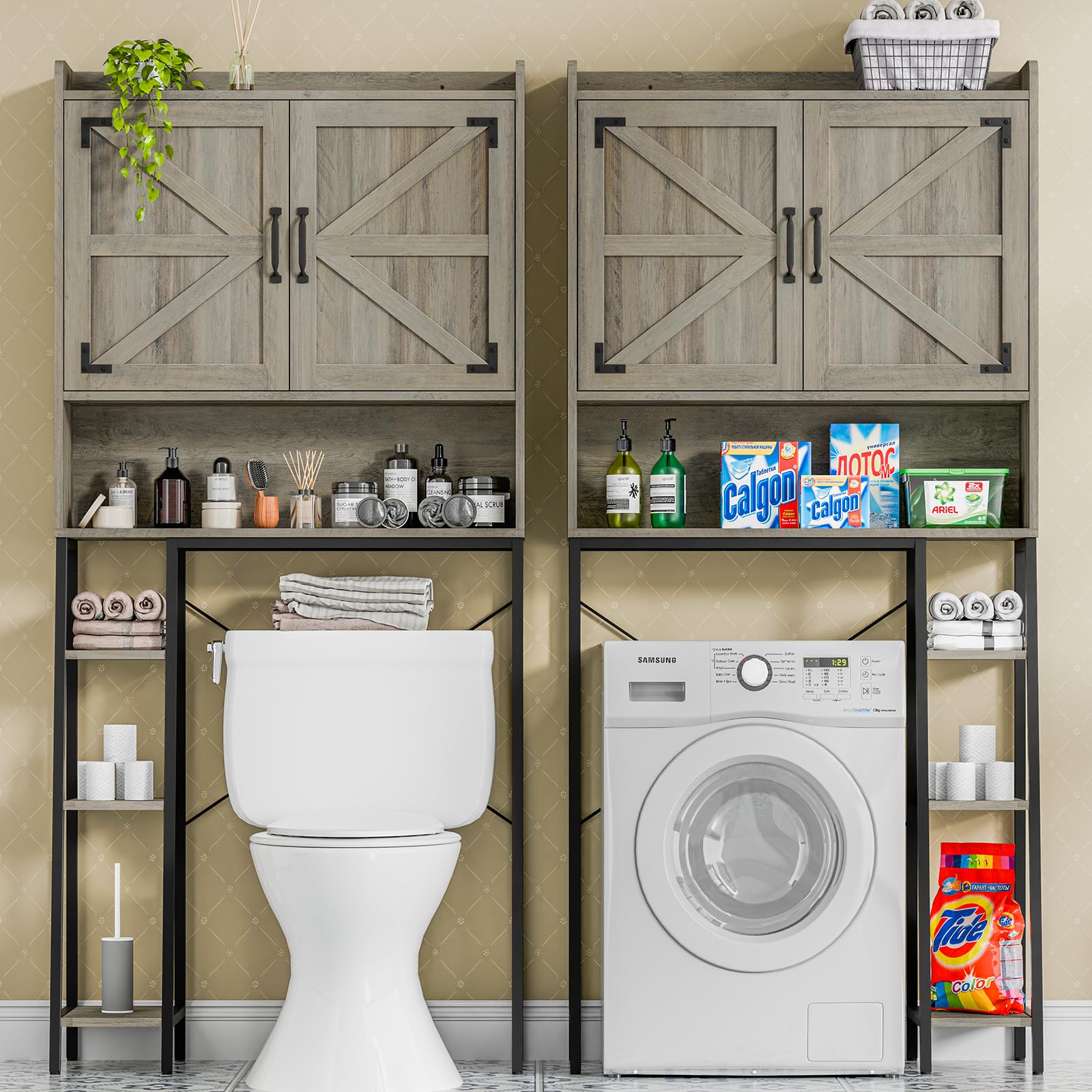 Farmhouse Style Over The Toilet Storage Cabinet with 2 Barn Doors & Toilet Paper Holder - Space Saving Bathroom Organizer for Toiletries, Towels & Essentials - Perfect for Small Bathrooms, Powder Rooms & Restrooms