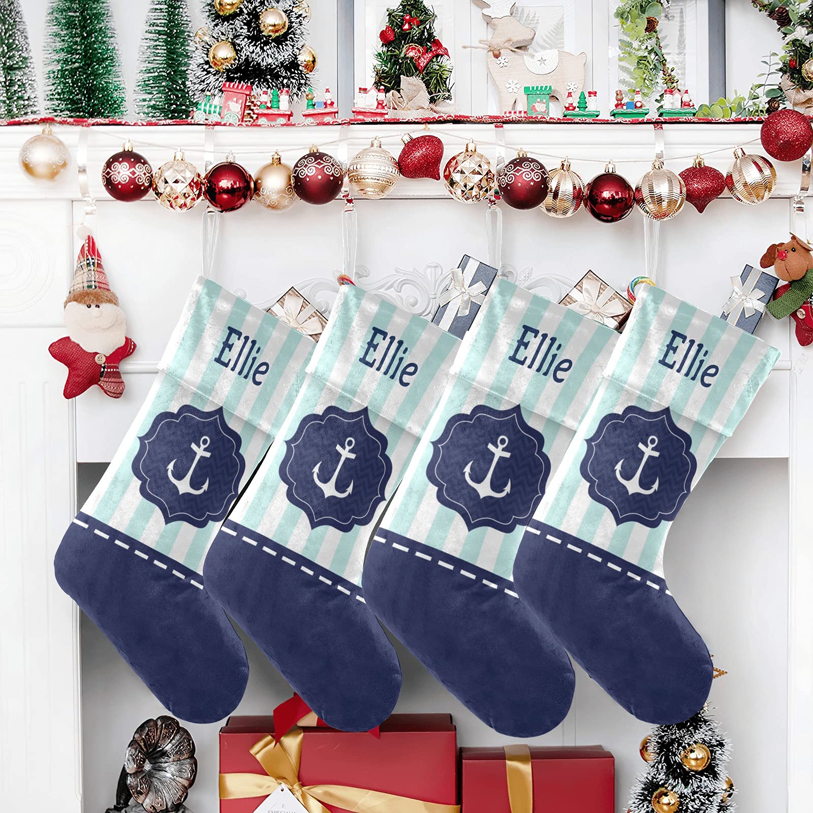 Personalized Nautical Anchor Christmas Stockings - Custom Name Embroidery for Adults, Kids, Babies & Pets | Large Family Holiday Stockings for Boys & Girls | Perfect Christmas Decor & Gift for Fireplace, Mantel & Holiday Celebrations