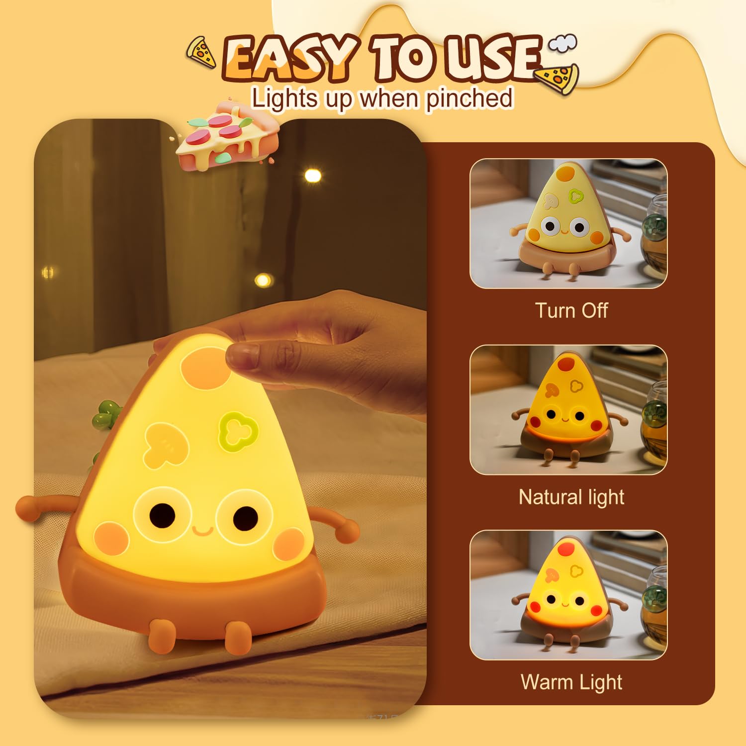 Rechargeable Silicone Pizza Night Light for Kids - Dimmable LED Nursery Nightlight, Kawaii Squishy Lamp for Boys & Girls, Perfect Bedside Gift for Toddlers & Babies | Ideal for Bedrooms, Nurseries, and Sleep Comfort