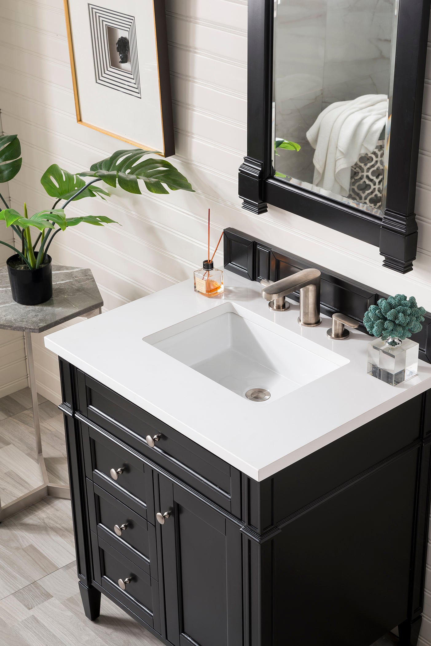 Brittany 30-Inch Single Bathroom Vanity in Black Onyx with 3CM White Zeus Quartz Countertop - Perfect for Modern Master Bathrooms & Powder Rooms