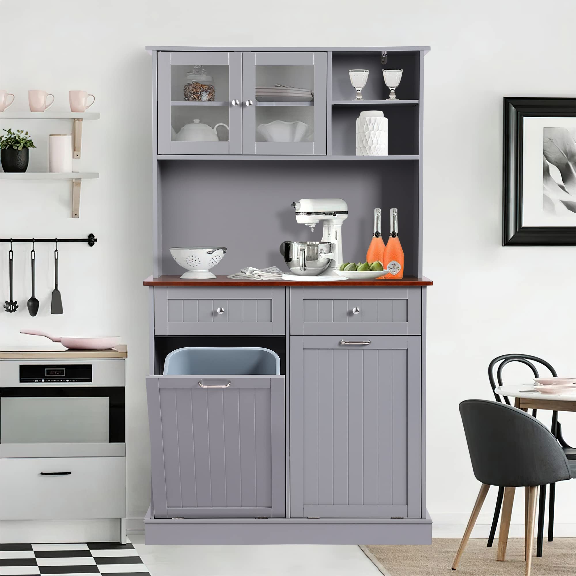 Tall Freestanding Kitchen Pantry Storage Cabinet with Microwave Shelf & Tilt-Out Trash Bin - Grey Kitchen Hutch for Small Spaces | Perfect for Apartments, Condos & Compact Kitchens