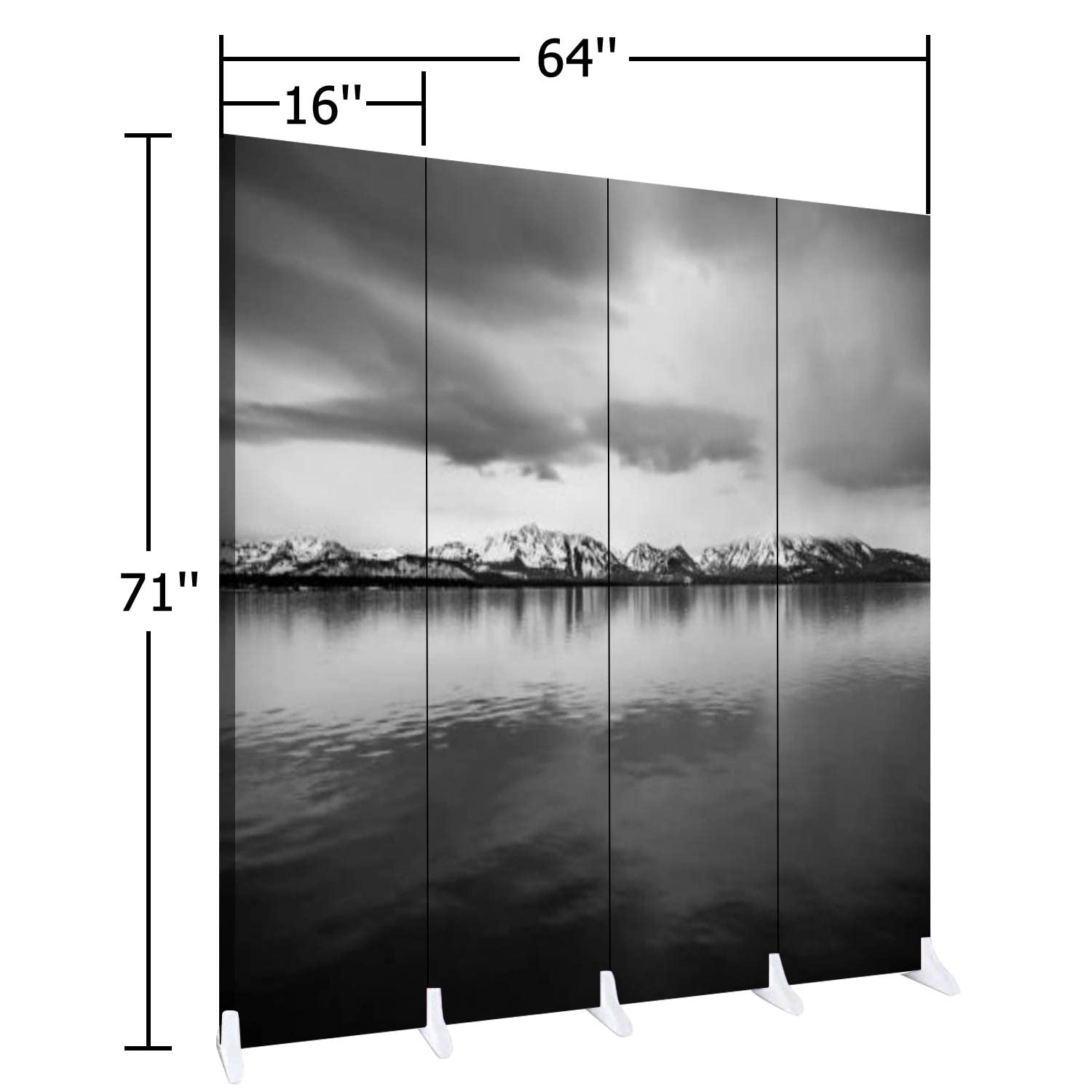 Wooden Room Divider with Mountain Reflection Print - Black & White Folding Privacy Screen, Dual-Sided Canvas Partition Panels for Home Office, Bedroom or Studio (4 Panels) - Perfect for Space Division, Decoration and Indoor Display