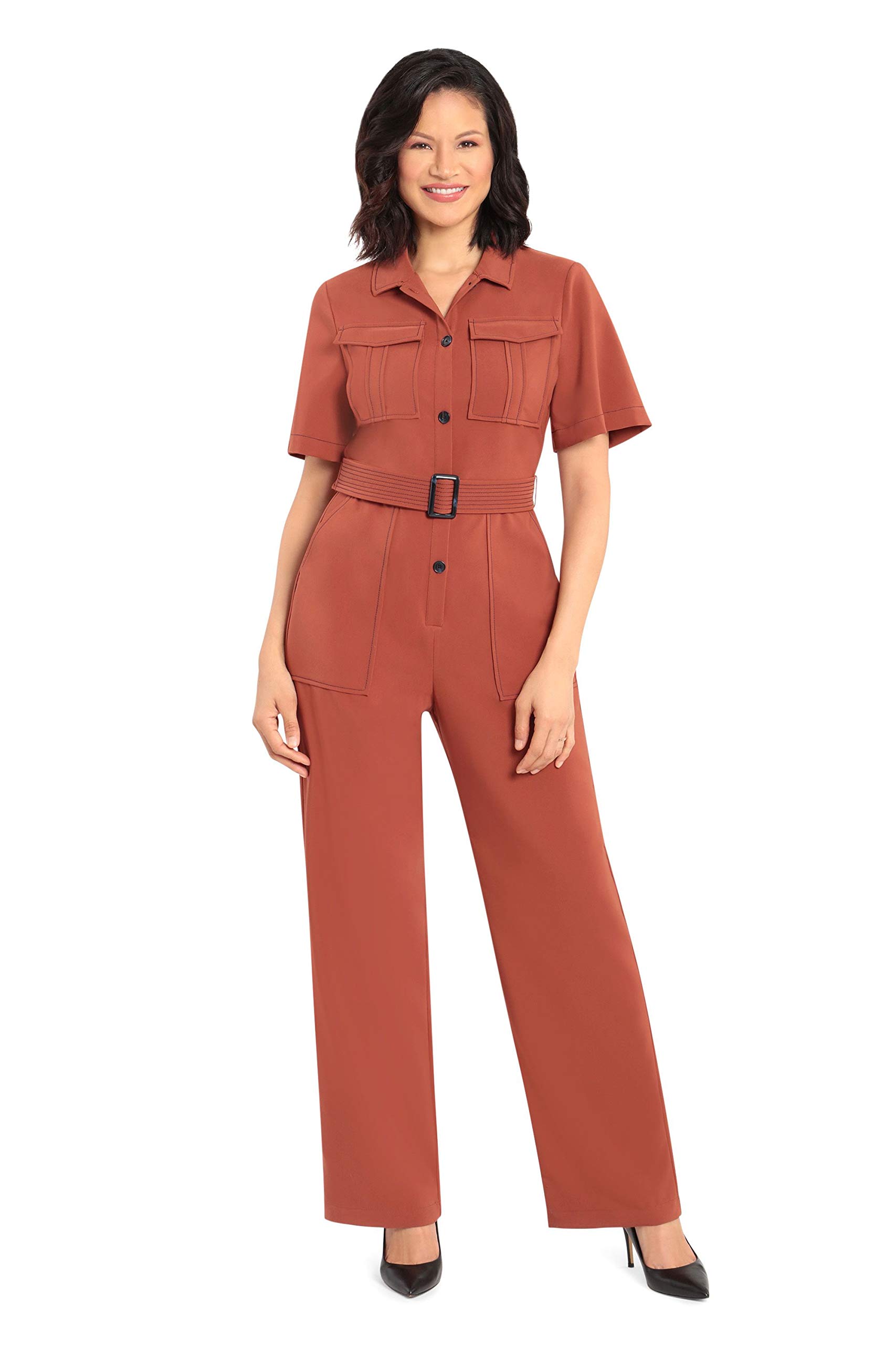Donna Morgan Women's Dream Crepe Utility Short Sleeve Jumpsuit | Casual Summer Romper for Beach, Travel & Everyday Wear