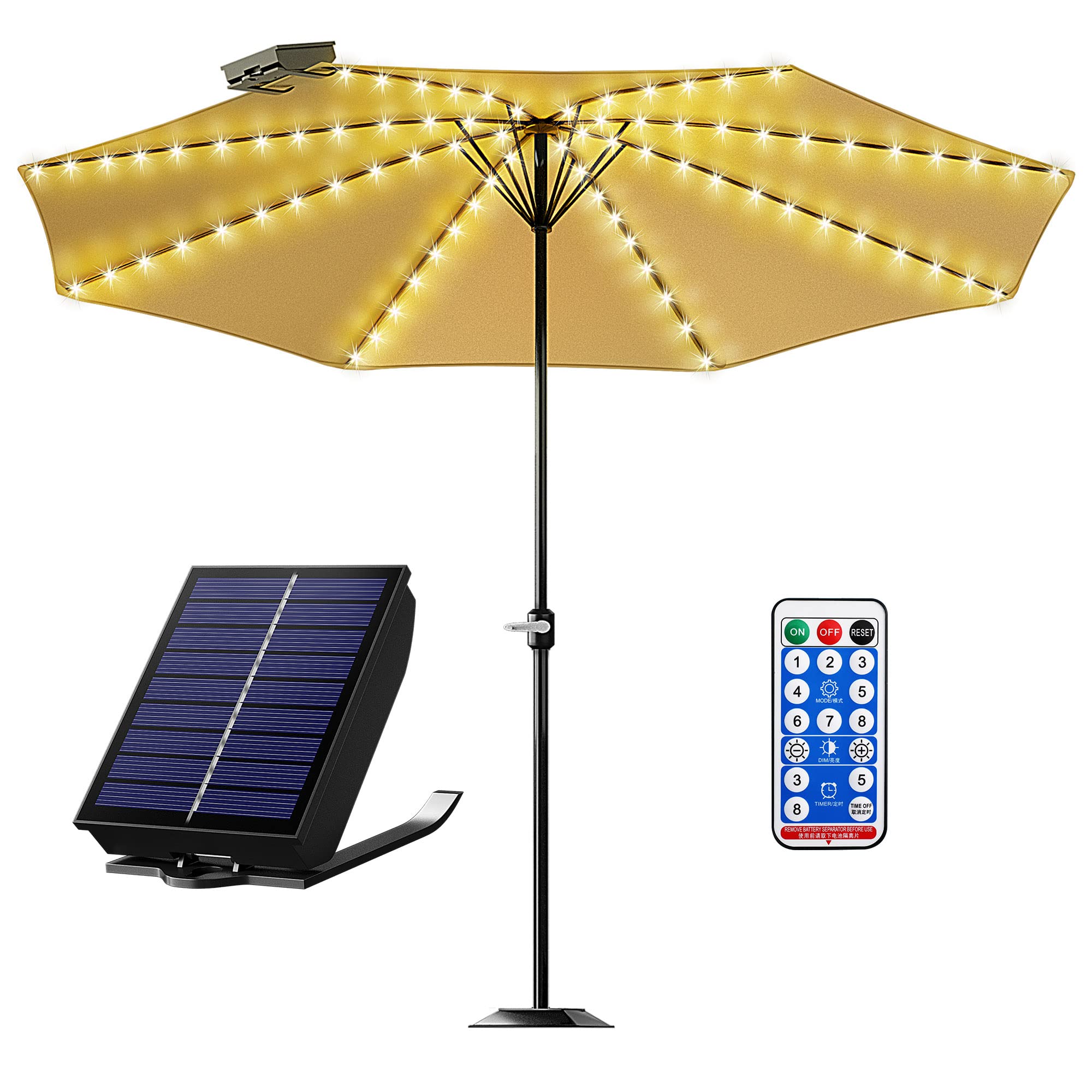 Solar Powered Patio Umbrella Lights - 8 Lighting Modes with Remote Control, Waterproof Outdoor String Lights for Garden, Beach, Tent & Party Decorations | Perfect for Patio Dining, Backyard BBQs and Evening Gatherings