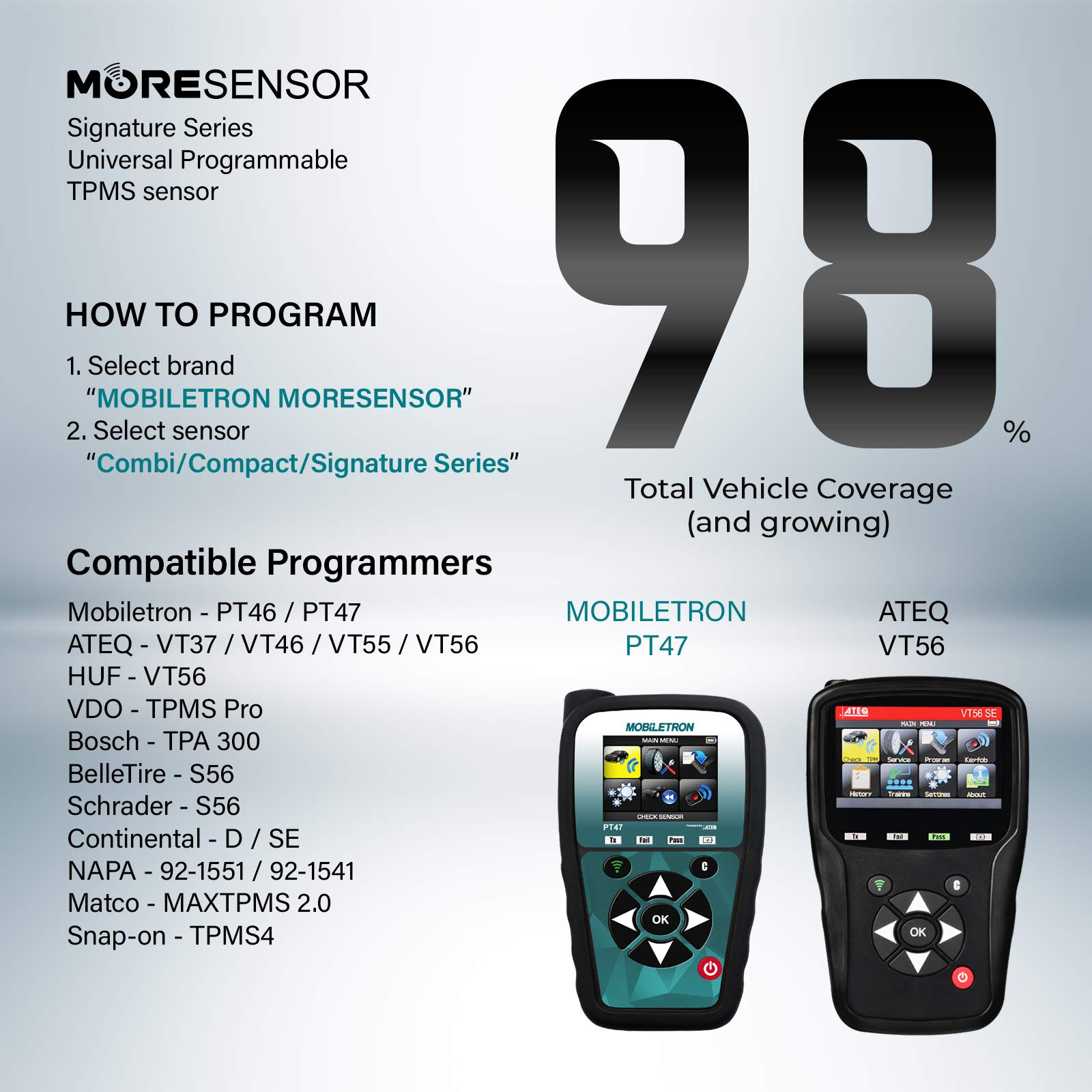 MORESENSOR Signature Series 315 MHz Universal Programmable TPMS Tire Pressure Sensor 10-Pack | Clamp-in Aluminum Valve | TX-N001-10 | Compatible with Most Vehicles | Easy Installation for Car, Truck & SUV Tires