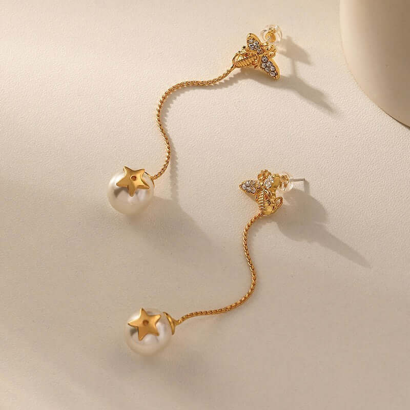 Dainty Bumble Bee Pearl Drop Earrings for Women - Elegant Gold Plated Dangle Earrings with Freshwater Pearls | Perfect for Weddings, Parties & Everyday Wear (DMS271)