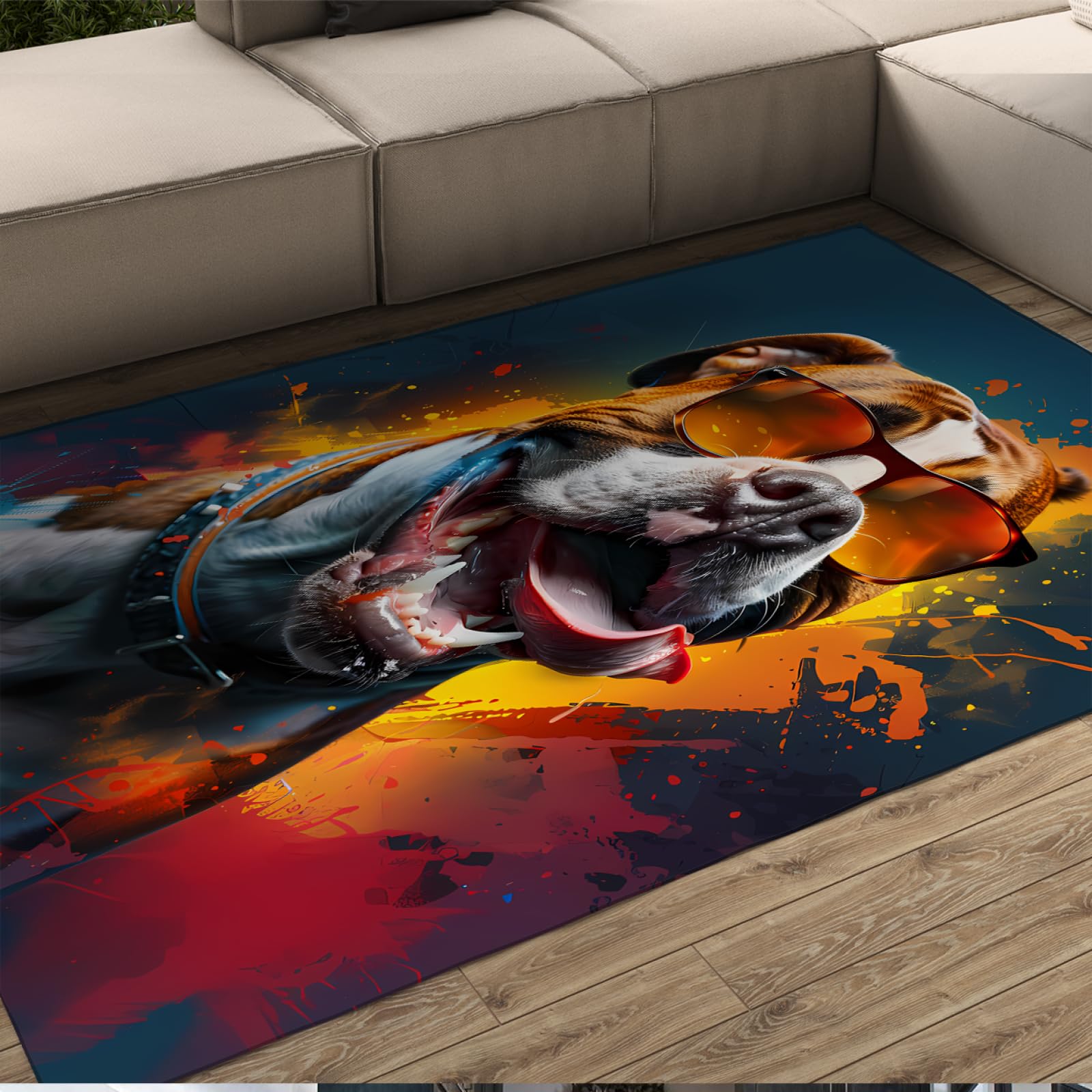 6x9 Feet Colorful Graffiti Dog with Glasses Print Anti-Slip Area Rug - Washable Funny Animal Carpet for Living Room, Nursery & Entryway - Soft Floor Mat for Pet Lovers & Kids' Play Area