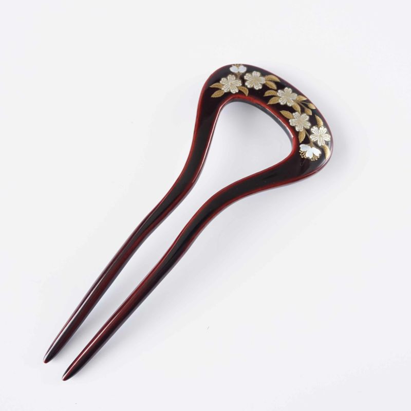 Handmade Kyoto Japanese Kanzashi Hairpin - Pure Gold Maki-e Urushi Lacquer & Raden Mother of Pearl Inlay Cherry Blossom Design | Traditional Hair Ornament for Weddings, Tea Ceremonies & Cultural Events