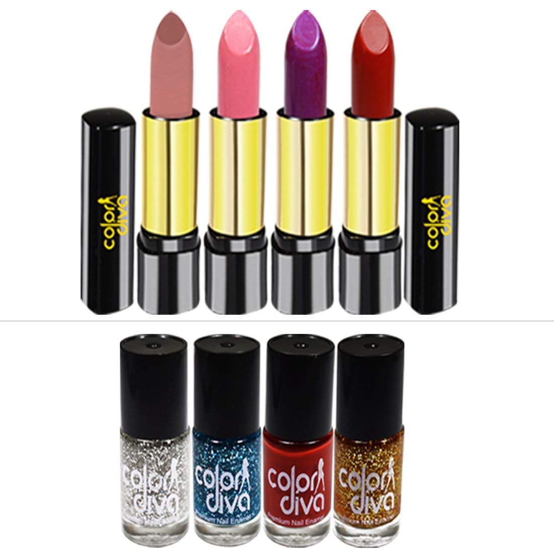 COLOR DIVA Triple Action Lipstick & Nail Polish Set - 4 Vibrant Lip Colors & 4 Trendy Nail Paints (C505) | Perfect for Parties, Date Nights & Special Occasions