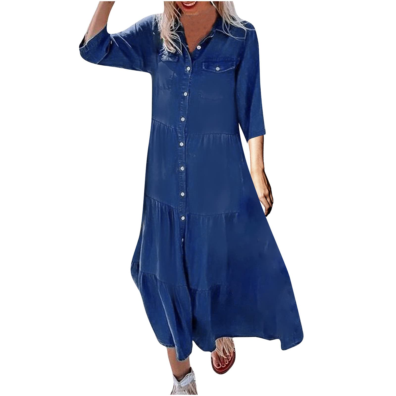 Women's Denim Shirt Dress - Long Sleeve Button Down Collar Loose Fit Midi Dress for Fall | Casual Outfit, Office Wear & Weekend Brunch