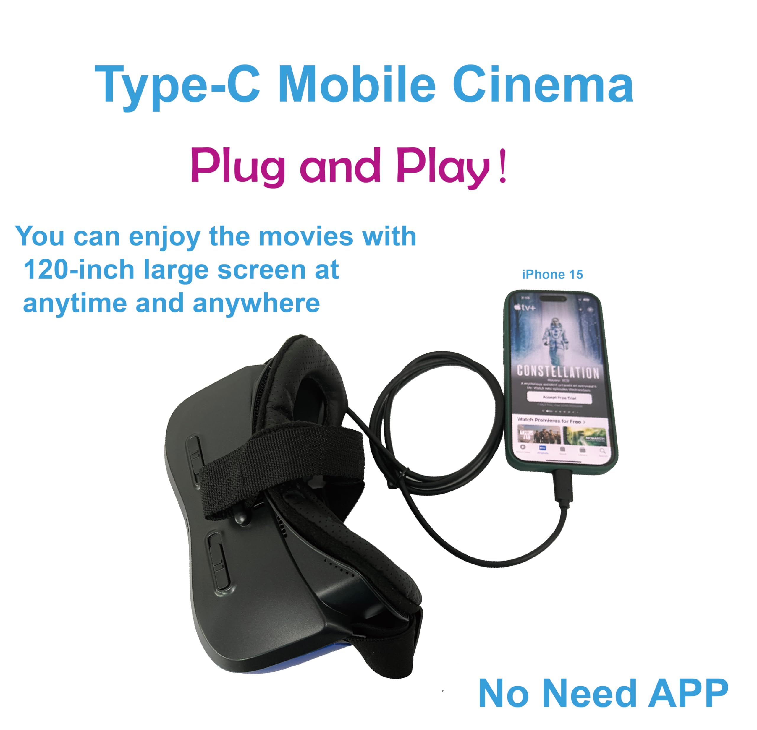 USB C 3D Movie Glasses - Plug & Play for iPhone 15, No App Needed | Built-in Battery | Portable Cinema Experience | Perfect for Travel, Gaming & Home Entertainment (Bigeyes H3 Pro USB-C Video Goggles)