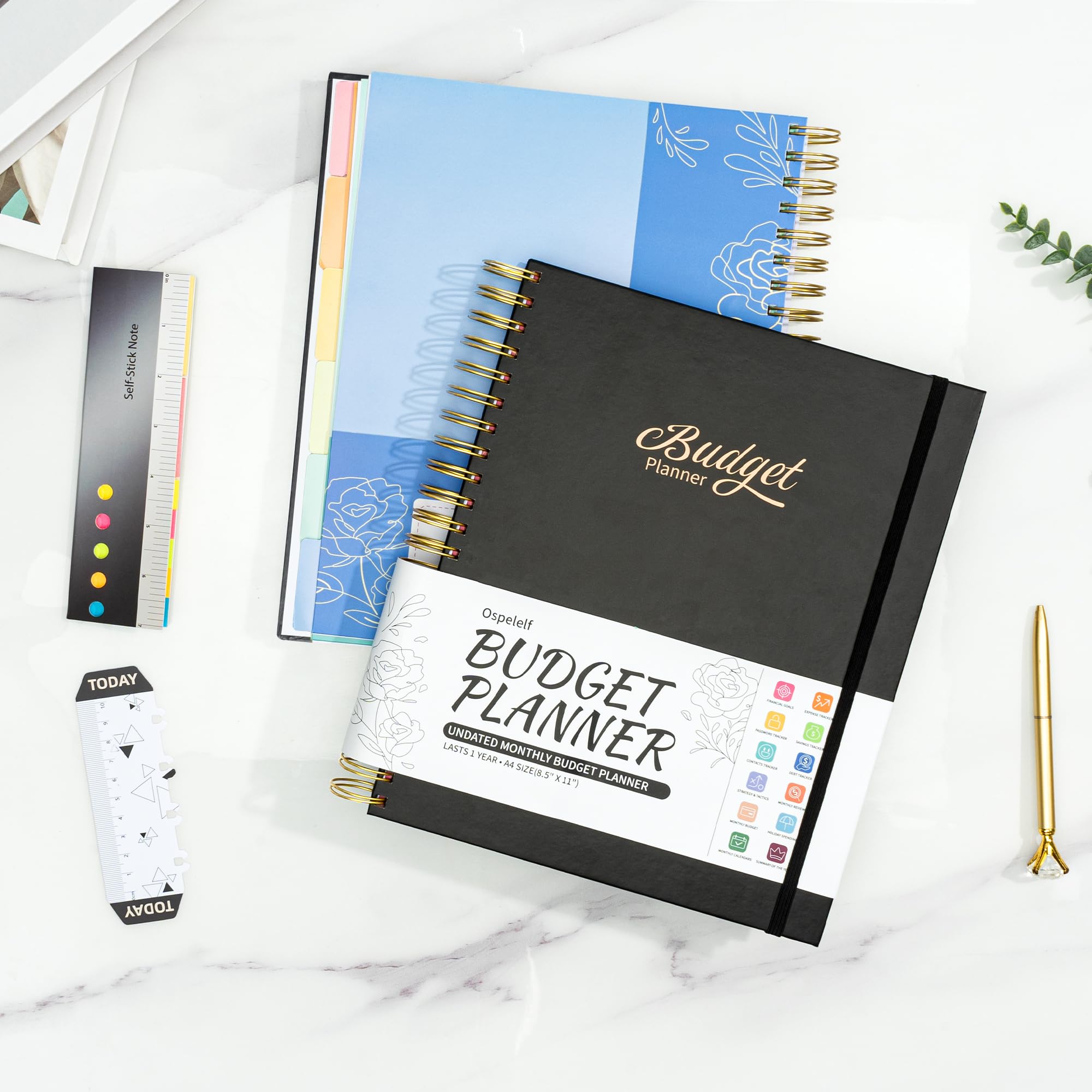 Ospelelf 2025 Budget Planner - Spiral Monthly Bill Organizer with Stickers, 8.5 x 11 Inch Undated Financial Planner | Expense Tracker Notebook with 12 Pockets & Zipper Pouch (Black) - Perfect for Personal Finance Management, Bill Tracking & Savings Goals