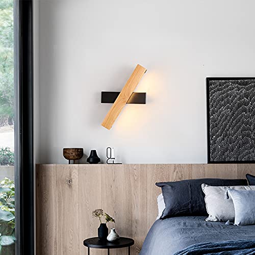 LITFAD Matte Black Rectangle Wall Light - Adjustable LED Wall Sconce with Rotatable Nordic Wooden Head, Warm White Lighting for Bedroom, Living Room, Hotel Decor | Modern Linear Wall Lamp for Ambient & Task Lighting