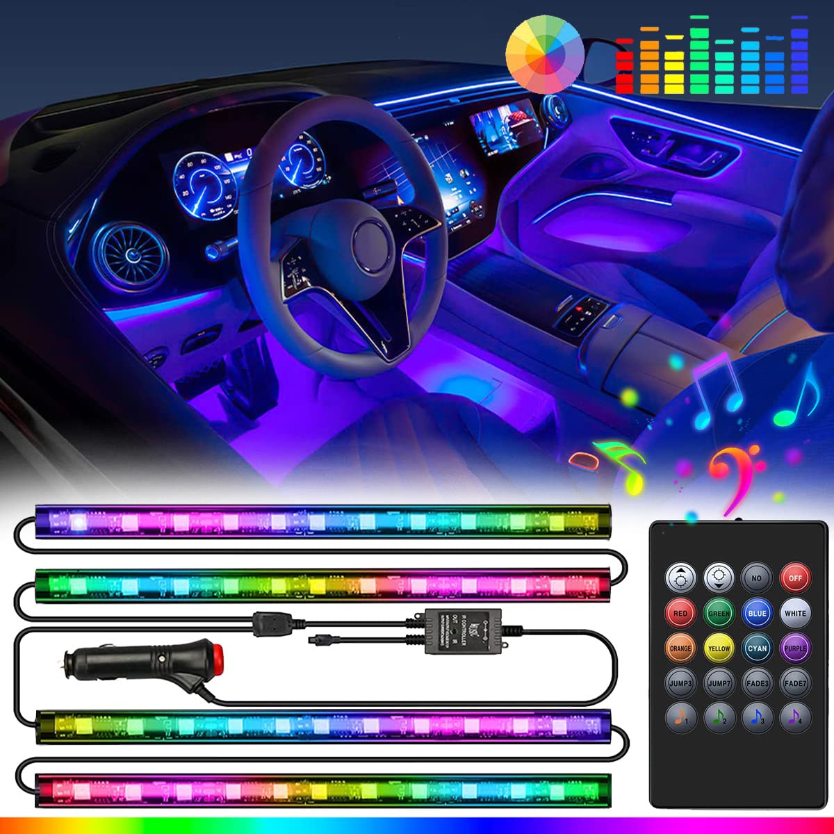 RGB Interior Car LED Lights with Wireless Remote & Music Sync - 12V 2A USB Car Charger, Color Changing Under Dash Lighting for Cars, Trucks & SUVs - Perfect for Night Driving, Car Shows & Custom Vehicle Lighting