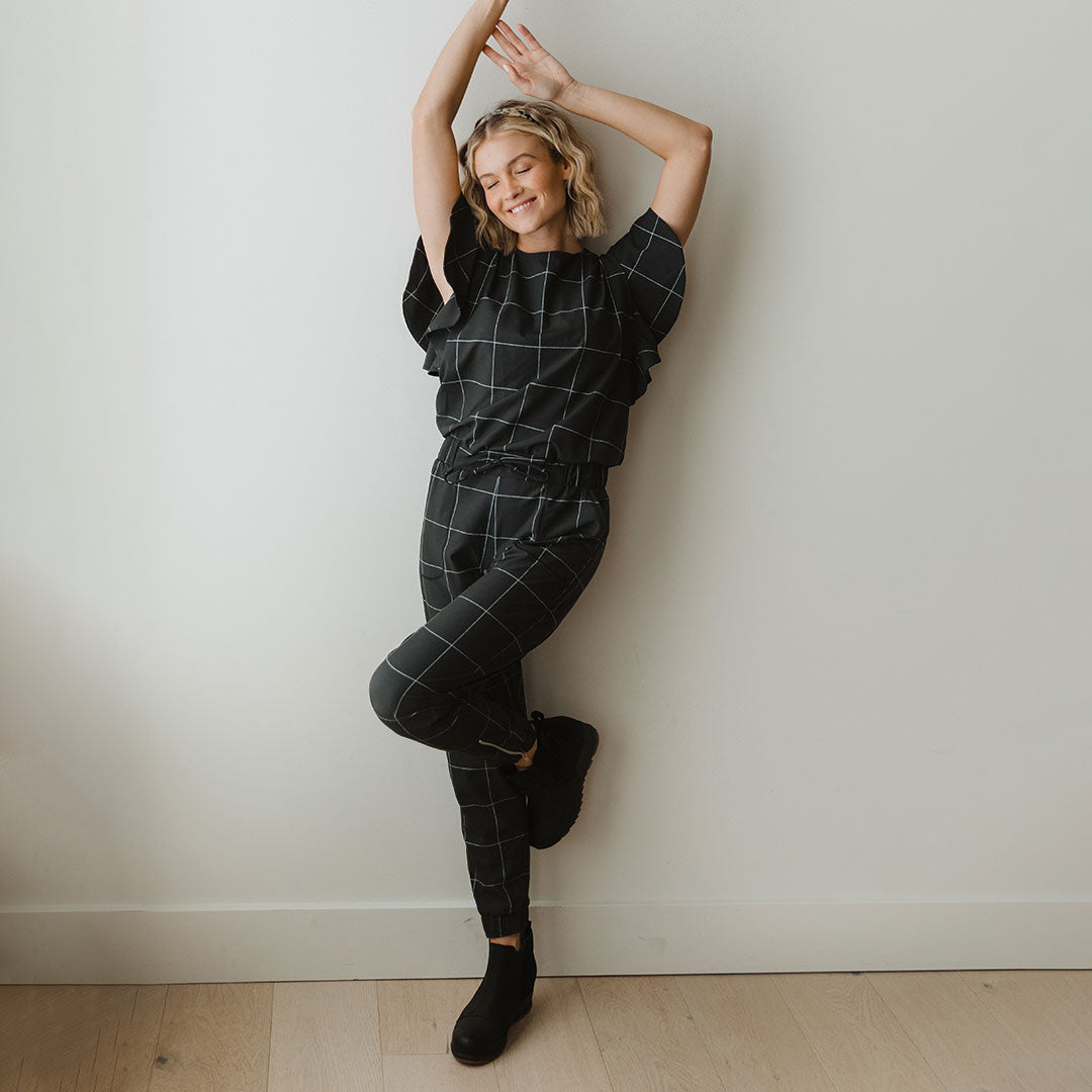 9 to 9 Women's Black Windowpane Jumpsuit - Stylish One-Piece Outfit for Work, Office & Casual Wear