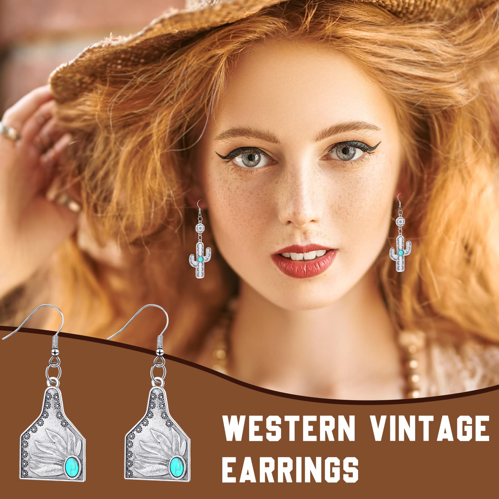 20 Pairs Western Cowgirl Earrings for Women - Boho Vintage Handmade Cow Print Leather & Turquoise Dangle Earrings Bulk - Perfect for Country Concerts, Rodeos & Bohemian Fashion