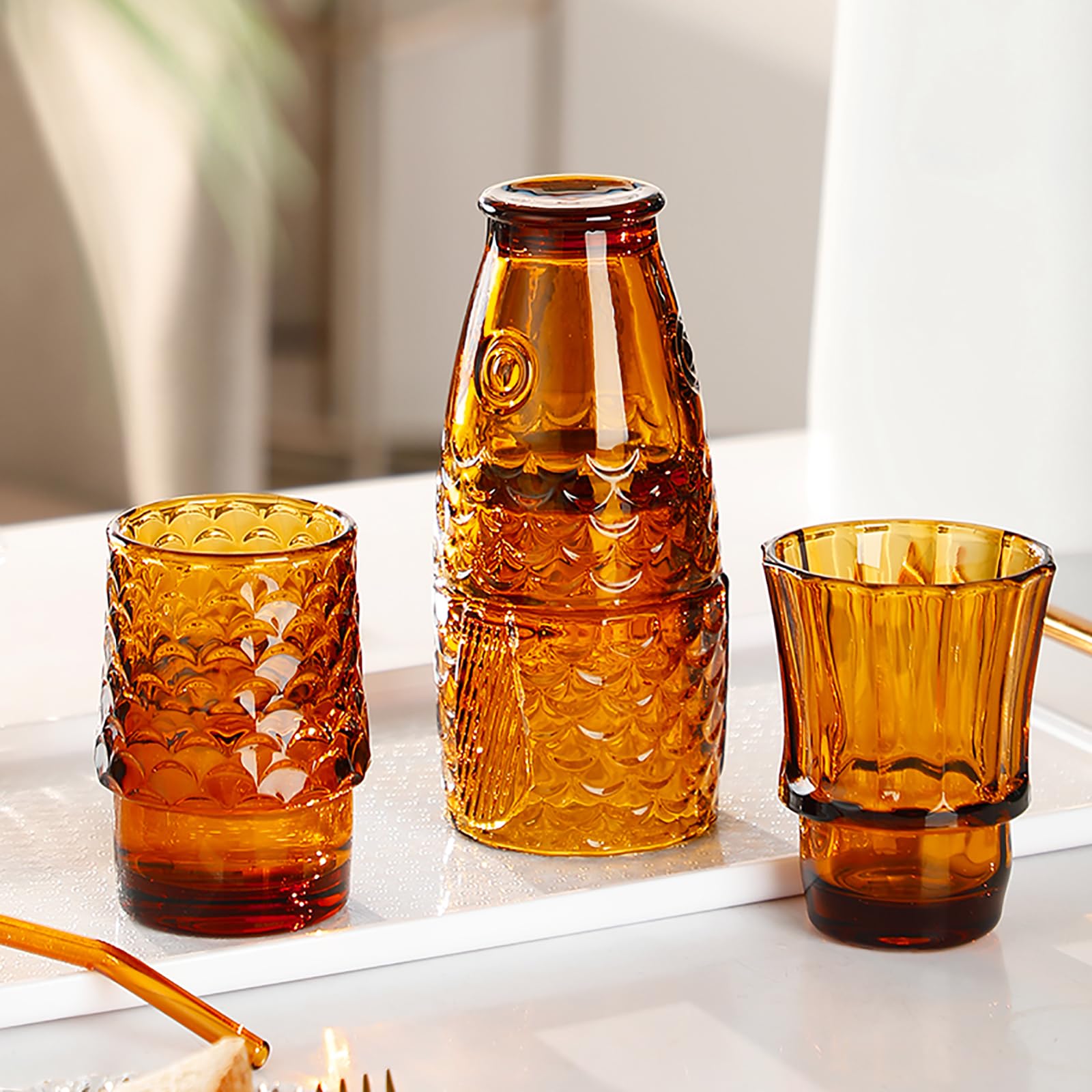 Set of 4 Koi Fish Design Stackable Amber Tumbler Glasses - 16oz Drinking Cups for Juice, Water & Beverages - Durable Nautical Glassware for Home, Party, Bar & Restaurant Use - Perfect for Iced Tea, Cocktails & Summer Drinks