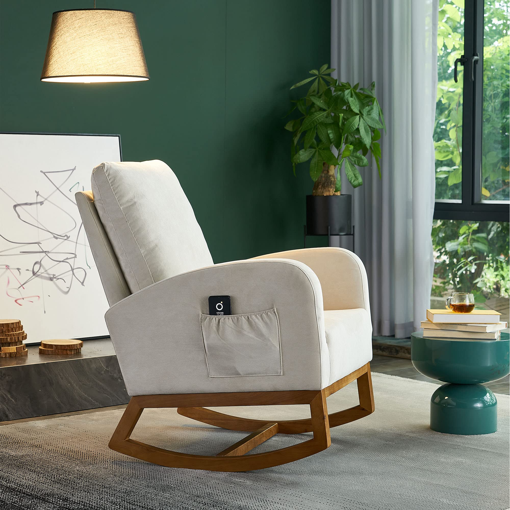 Comfortable Upholstered Rocking Chair with Wooden Padded Seat & Side Pockets - Mid Century Modern Nursery Rocker for Living Room, Bedroom, Nursery - Beige Fabric Accent Armchair | Perfect for Nursing, Reading & Relaxing