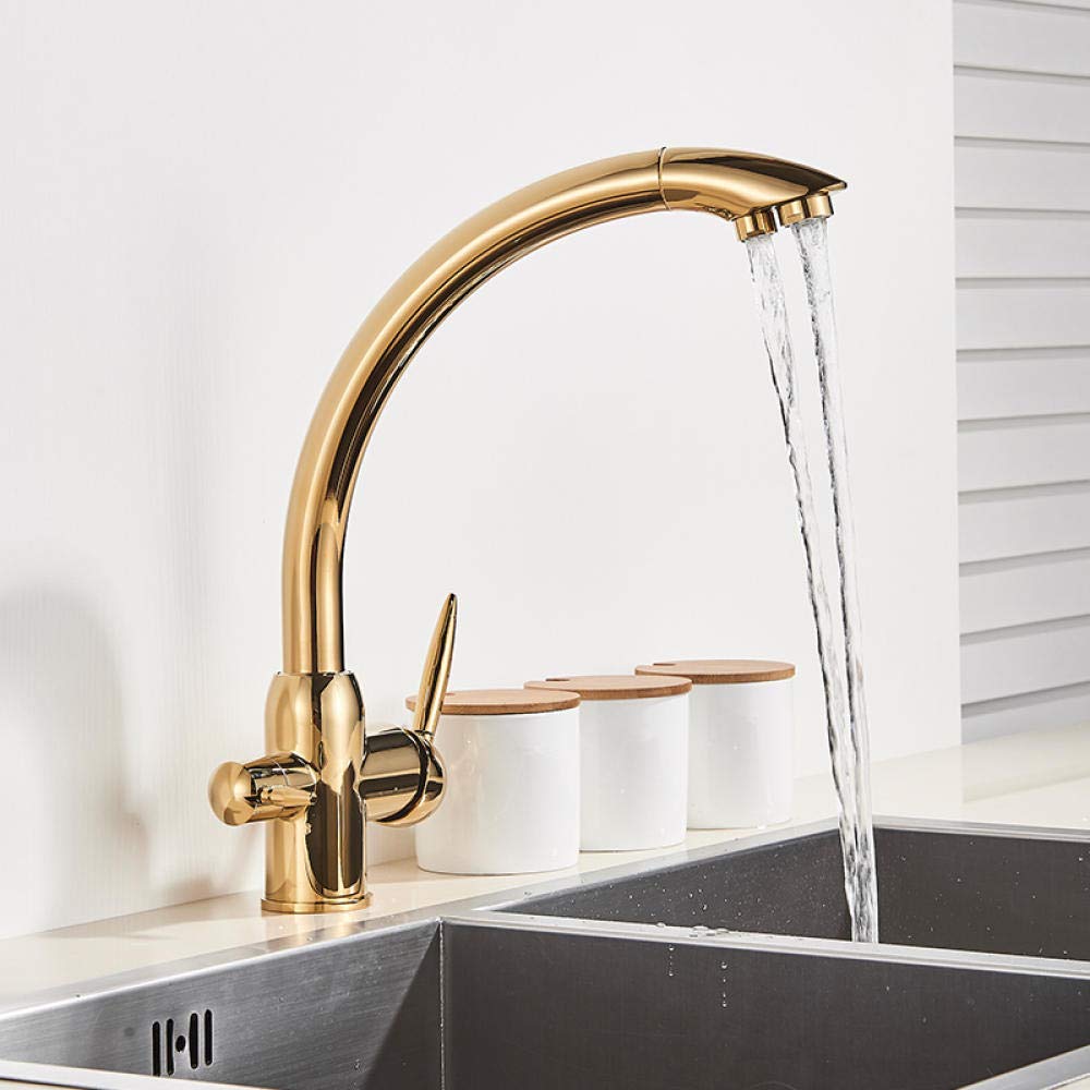Golden Deck Installation Kitchen Faucet - Double Handle Drinking Water Sink Faucet with 360° Rotation | Hot & Cold Water Mixer for Pure Water | Perfect for Modern Kitchens and Bar Sinks