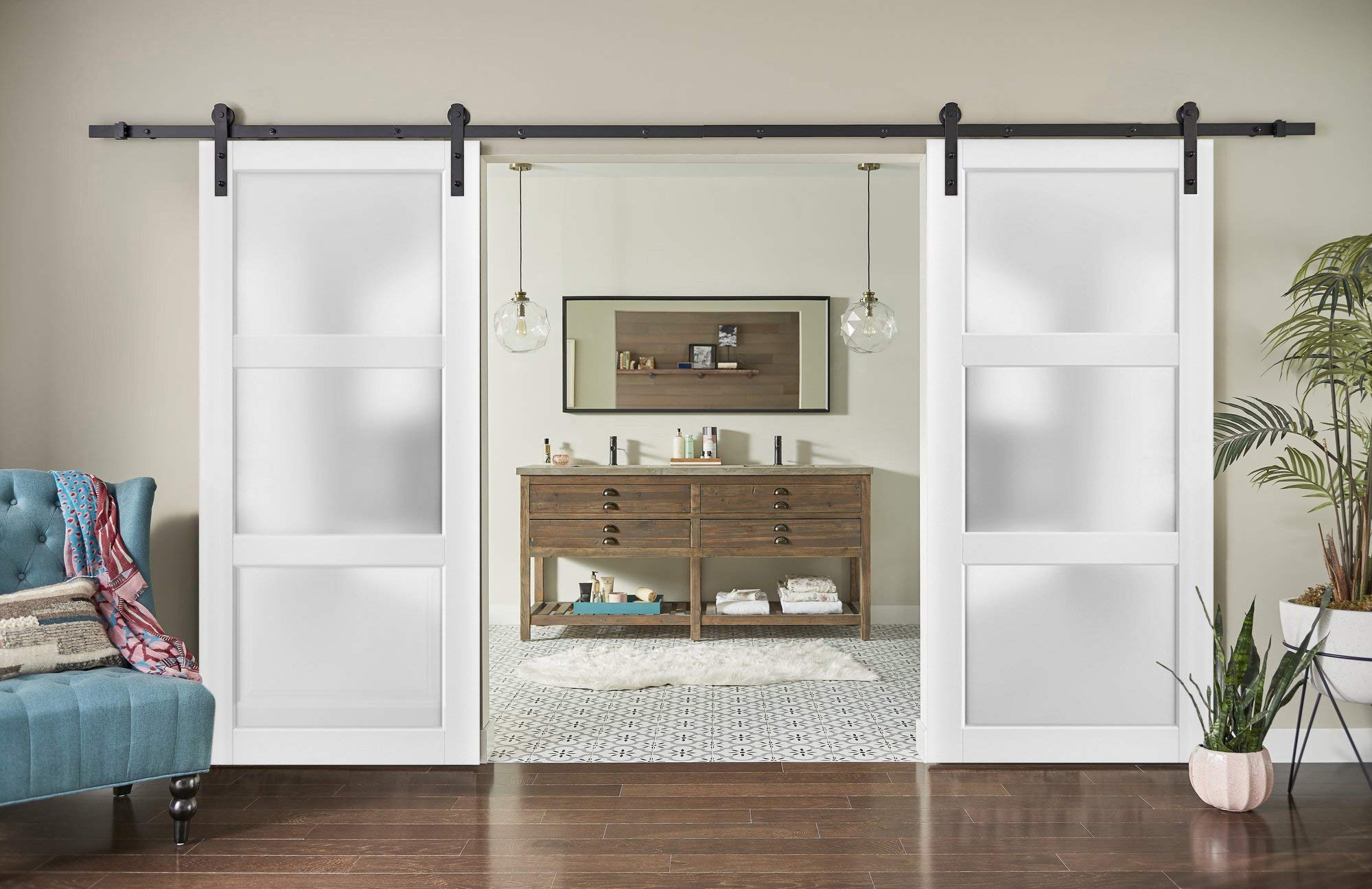 Lucia 2552 Matte White 48x96 Inch Frosted Glass Double Barn Door with 3 Lites - Heavy Duty Top Mount 13FT Rail Hangers for Solid Panel Interior Doors | Perfect for Farmhouse Style Homes, Bedroom Partitions & Rustic Office Spaces