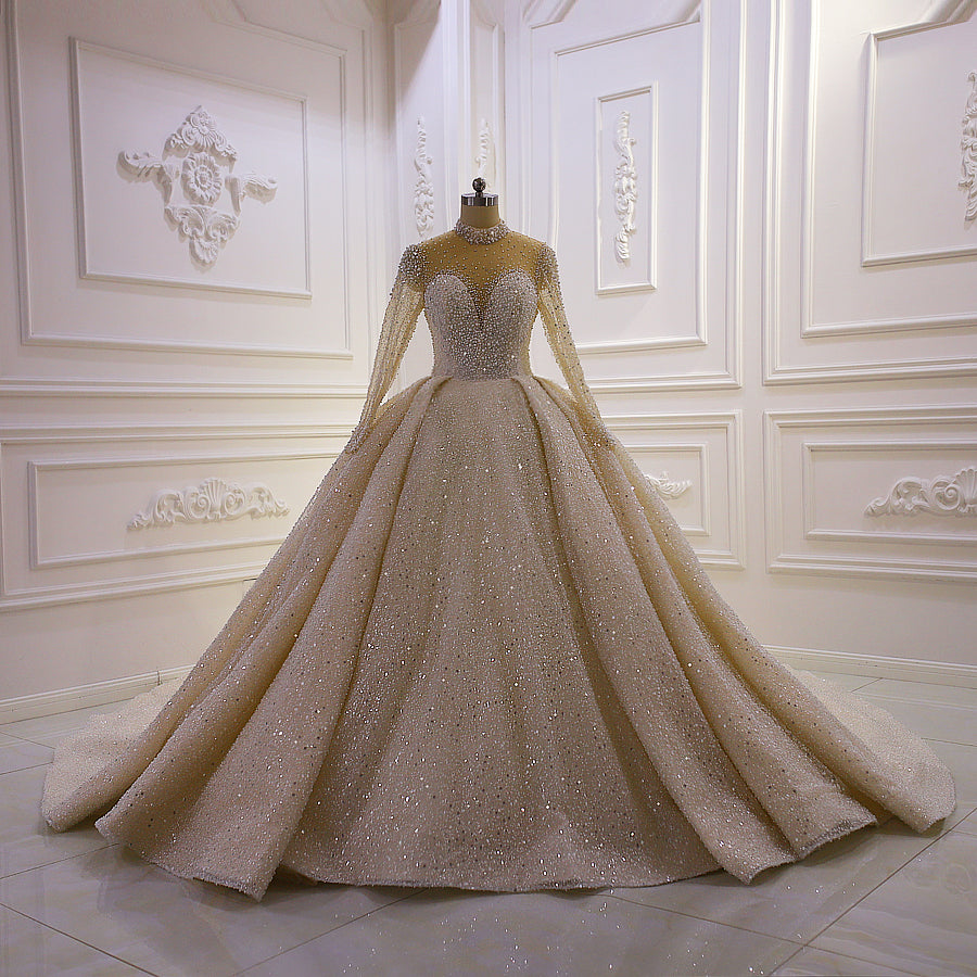 Elegant Long Sleeve Wedding Dress with Handcrafted Crystal Pearls - Perfect for Bridal Ceremonies, Formal Events & Luxury Occasions