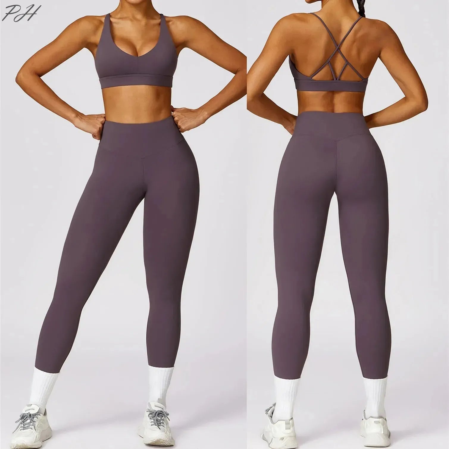 2-Piece Women's Workout Set - Breathable Yoga Sports Bra & High Waist Leggings - Purple Gym Outfit for Yoga, Running & Fitness Training