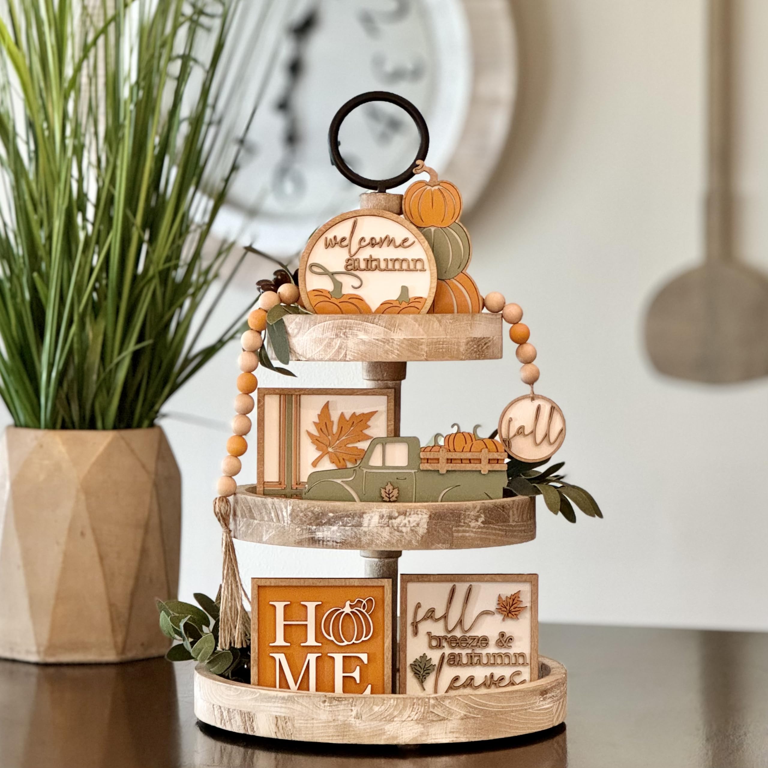 7-Piece Autumn Tiered Tray Decor Set - Fall Themed Home Decor Bundle with Pumpkin, Leaves & Acorn Designs for Thanksgiving, Halloween, and Seasonal Table Centerpieces | Perfect for Coffee Tables, Kitchen Countertops, and Entryway Displays