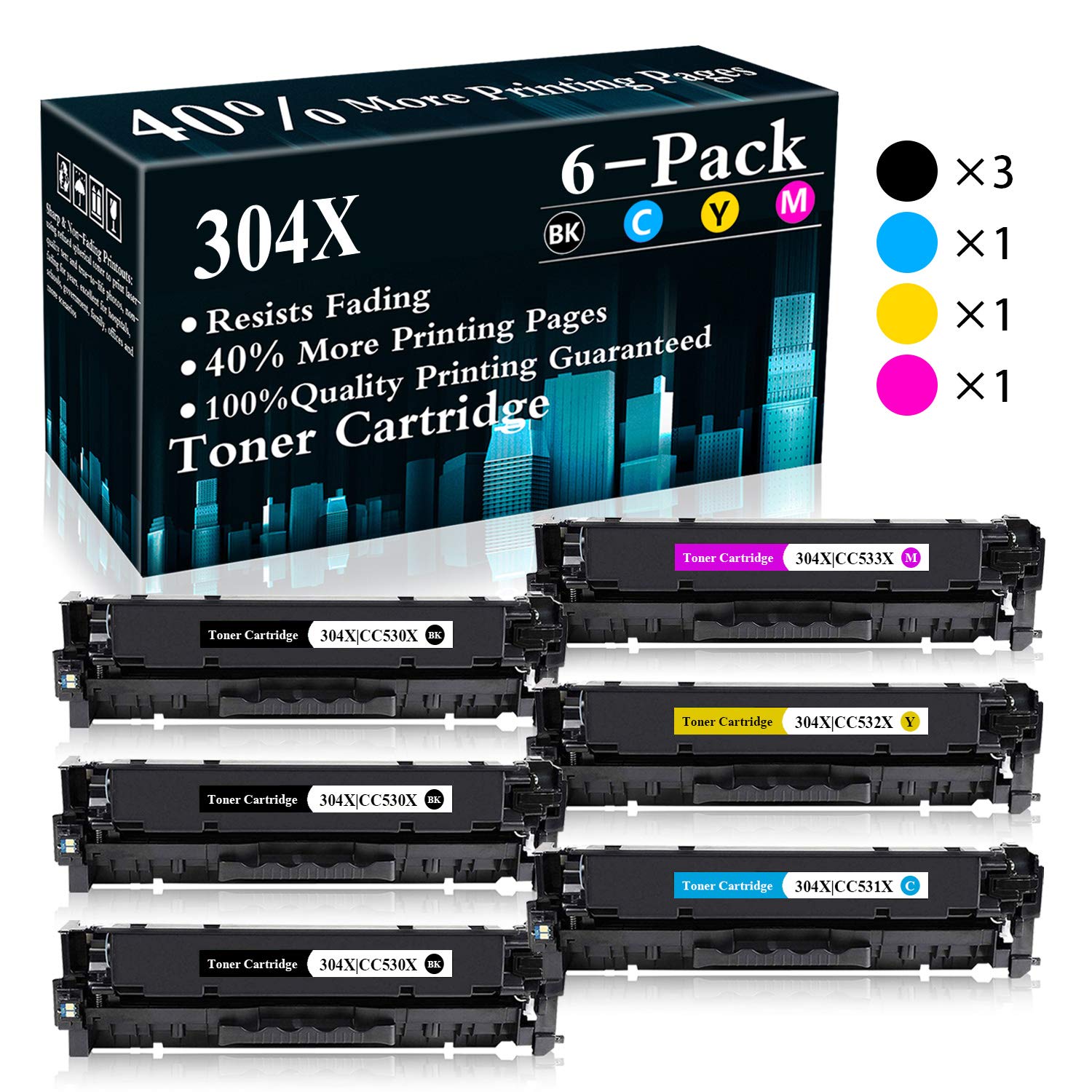 6-Pack Remanufactured Toner Cartridges (Black+Cyan+Magenta+Yellow) for HP Color LaserJet Pro CP2025/CM2320 Series Printers | High-Quality Replacement for CC531X/CC532X/CC533X | Perfect for Office Printing, School Projects & Home Business Use