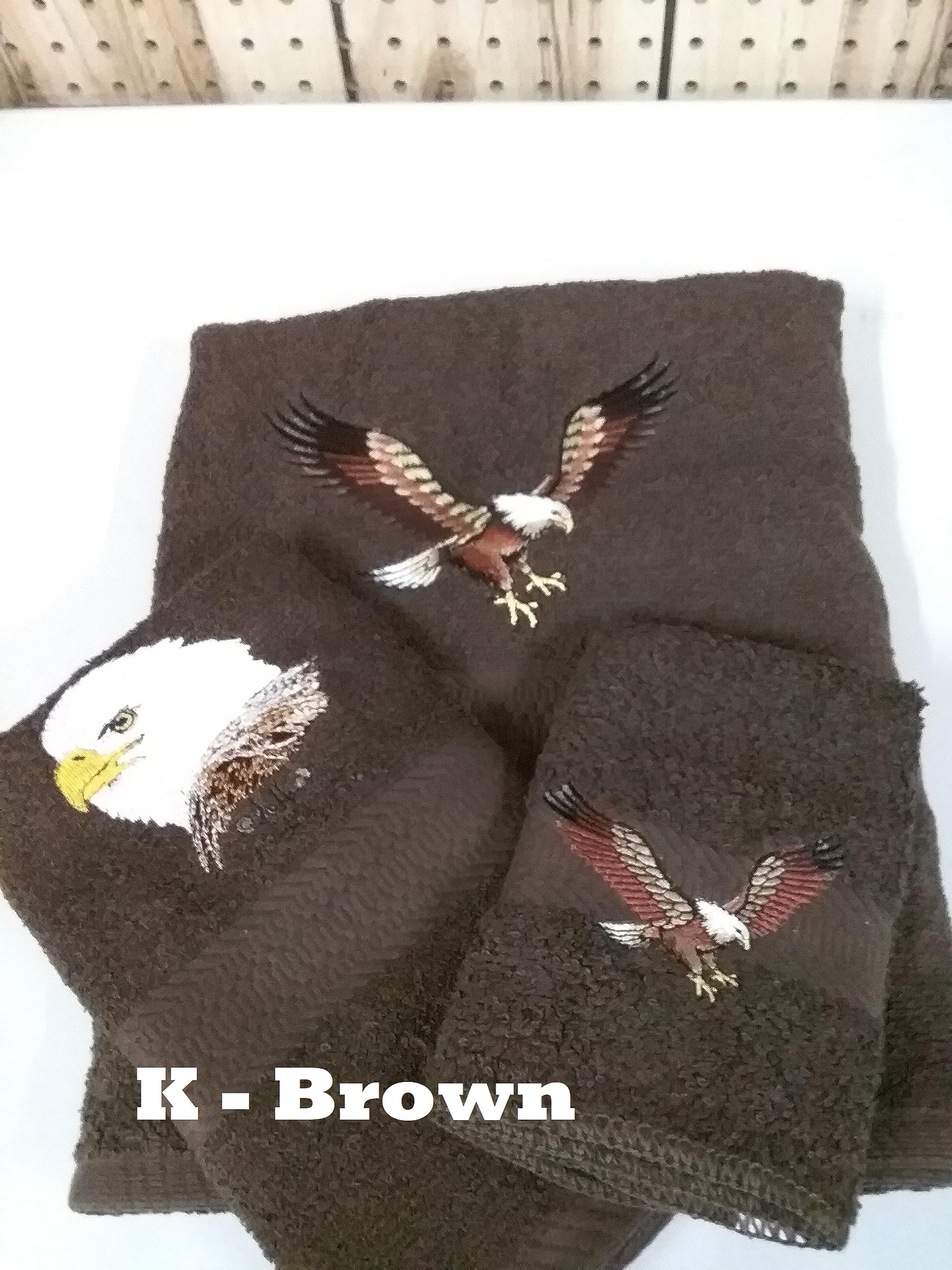 Eagle In Flight Embroidered Bath Towel Set - 3-Piece Cotton Bath, Hand & Washcloth Set - Choose Your Color - Soft & Absorbent for Bathroom, Spa & Gym Use