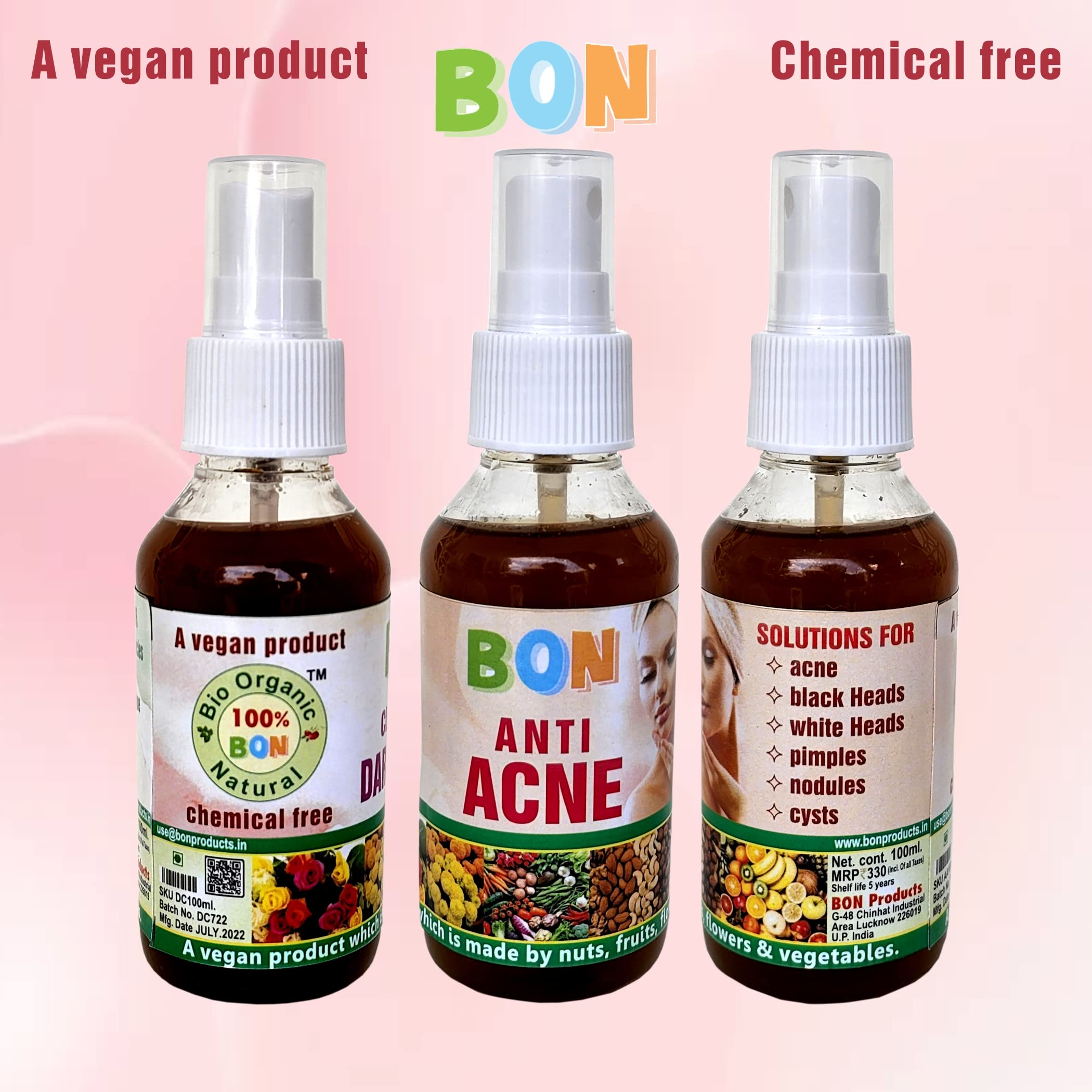 100% BON Bio Organic Natural Anti Acne Treatment - Chemical Free & Fragrance Free for Acne, Blackheads & Whiteheads | Vegan, Safe & Side Effect Free | Perfect for Daily Skincare & Sensitive Skin Care Routine