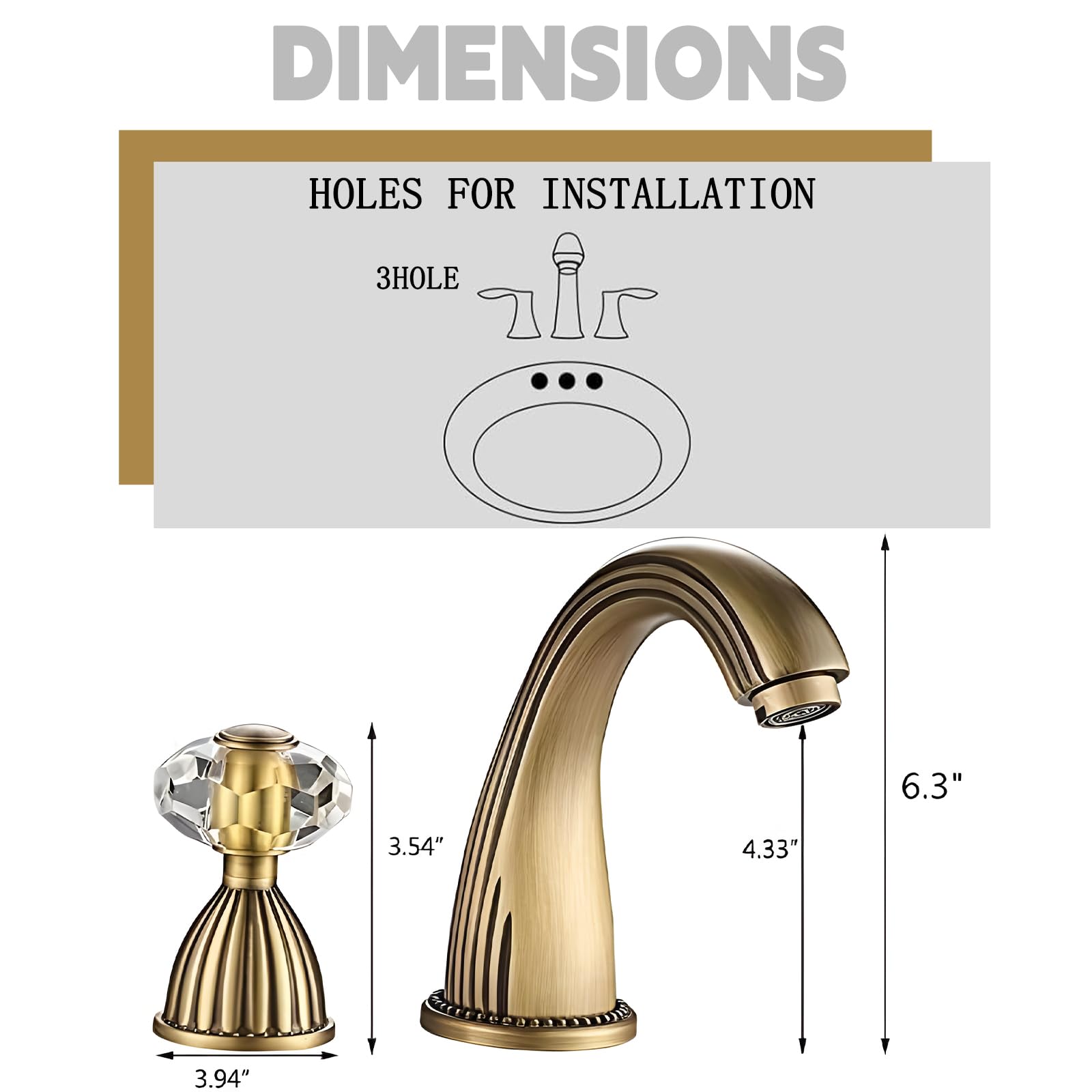 Vintage Two-Handle Widespread Bathroom Faucet - Antique Brass Finish with Crystal Handles - 3 Hole Mount - Includes Hot/Cold Water Supply Lines - Perfect for Classic & Farmhouse Style Bathroom Renovations